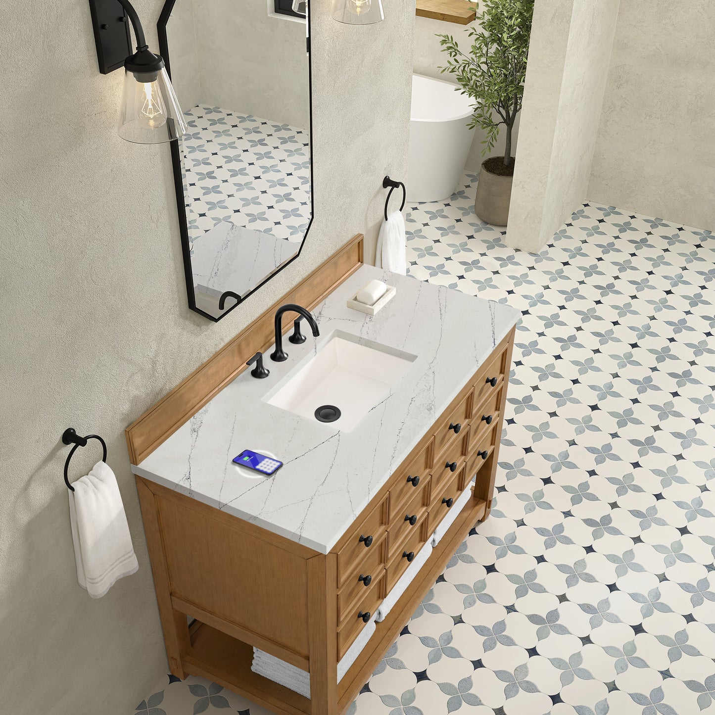 
                  
                    Malibu 48" Single Bathroom Vanity in Amber Birch Single Bathroom Vanity James Martin Vanities FreePower-Enabled Ethereal Noctis Silestone 
                  
                