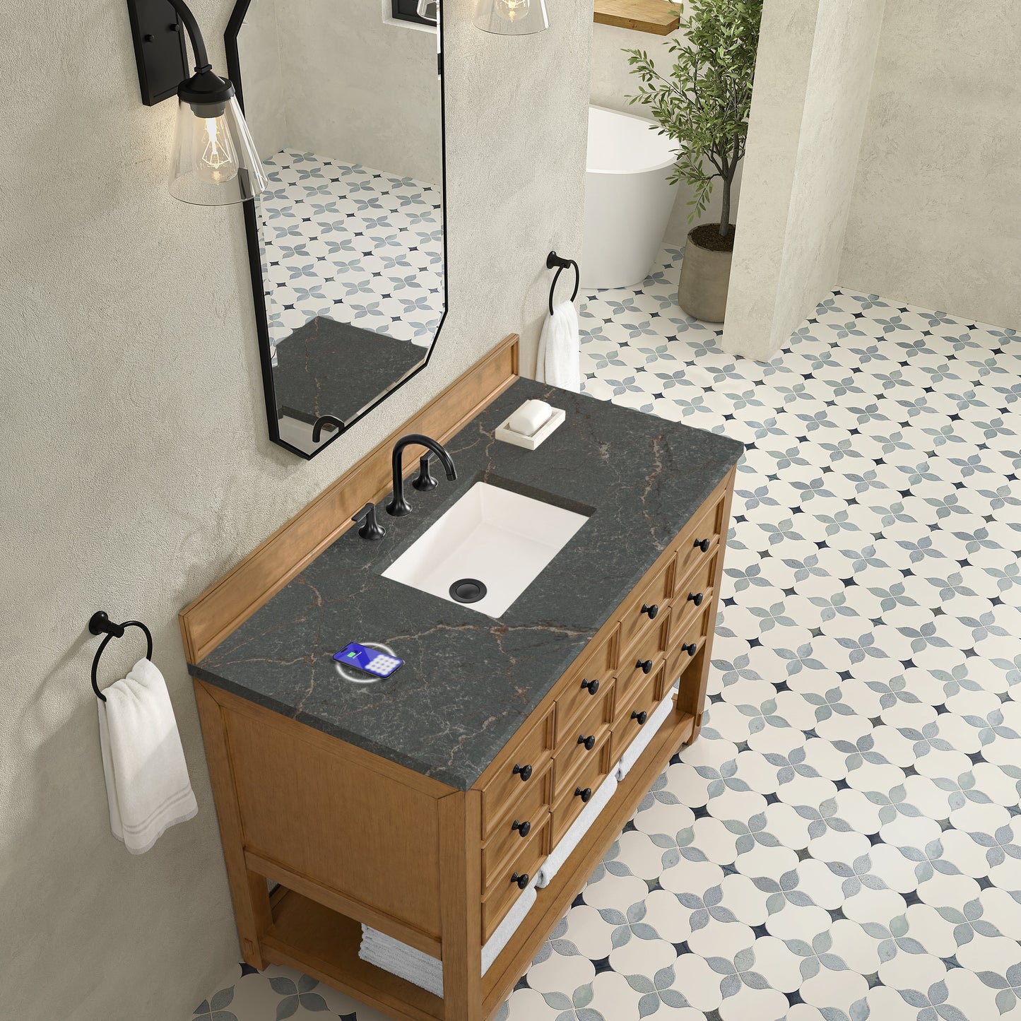 
                  
                    Malibu 48" Single Bathroom Vanity in Amber Birch Single Bathroom Vanity James Martin Vanities FreePower-Enabled Parisien Bleu Silestone 
                  
                