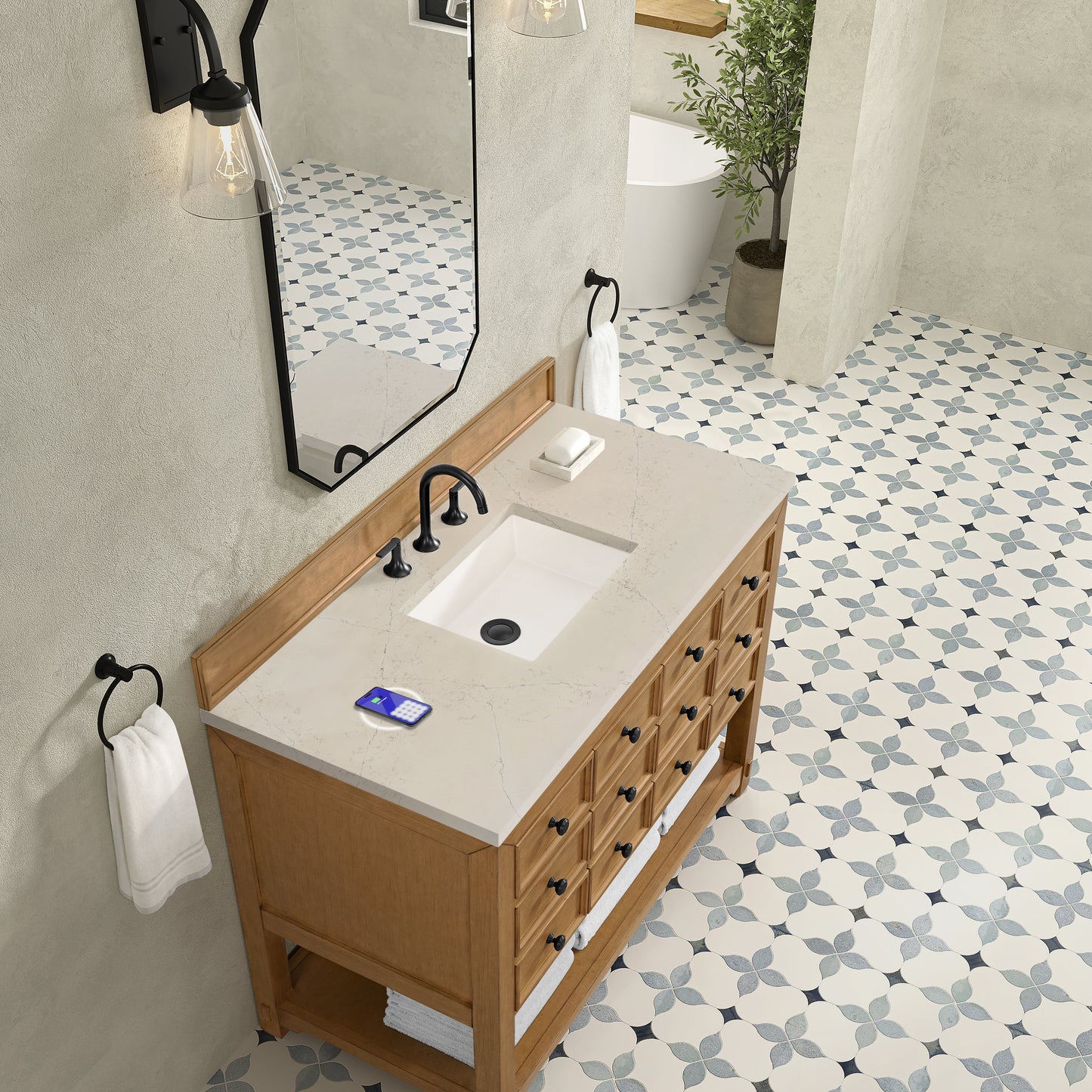 
                  
                    Malibu 48" Single Bathroom Vanity in Amber Birch Single Bathroom Vanity James Martin Vanities FreePower-Enabled Siberian Silestone 
                  
                