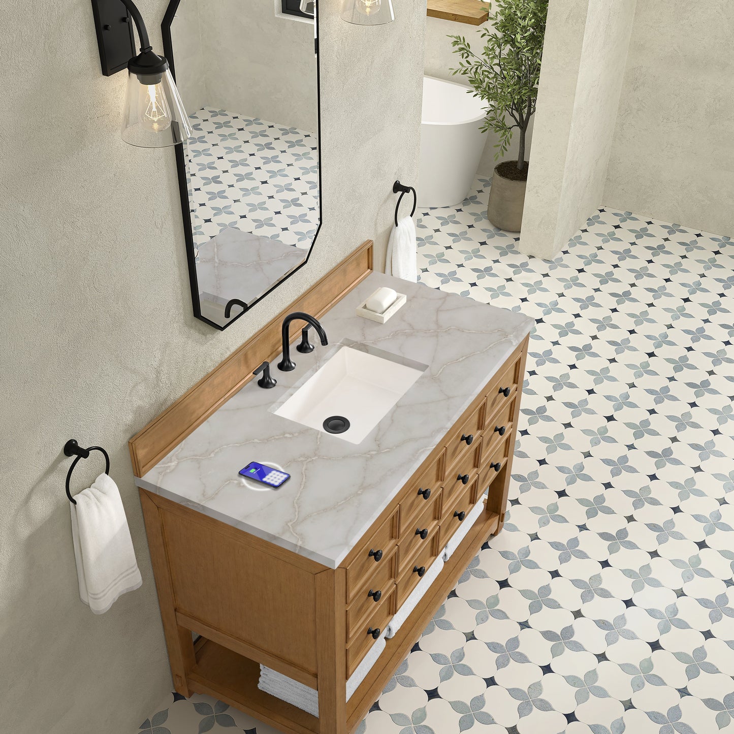 
                  
                    Malibu 48" Single Bathroom Vanity in Amber Birch Single Bathroom Vanity James Martin Vanities FreePower-Enabled Victorian Silver Silestone 
                  
                