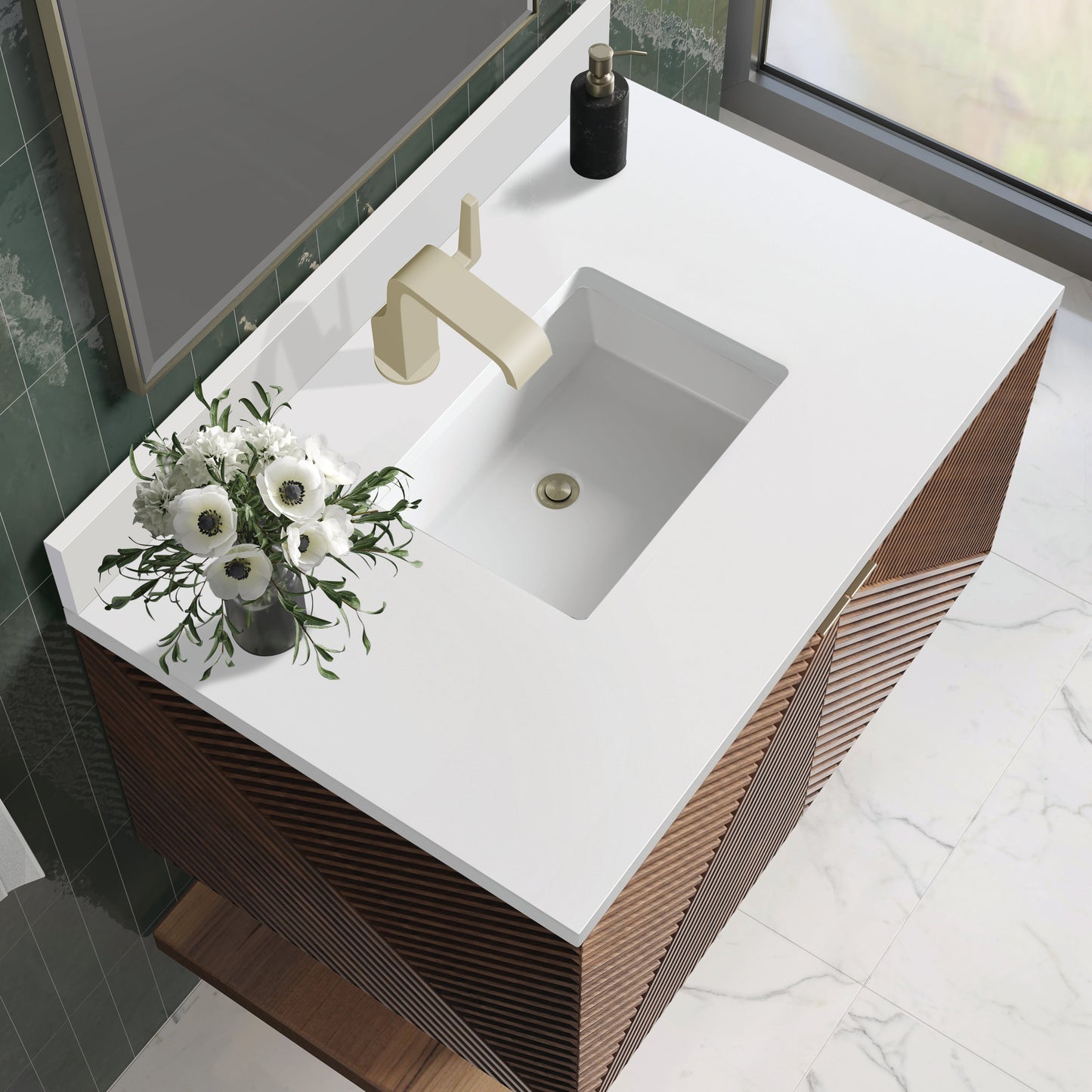 
                  
                    Marcello 36" Vanity in Chestnut Single Bathroom Vanity James Martin Vanities White Zeus Silestone Single-Hole Faucet Top w/Backsplash 
                  
                