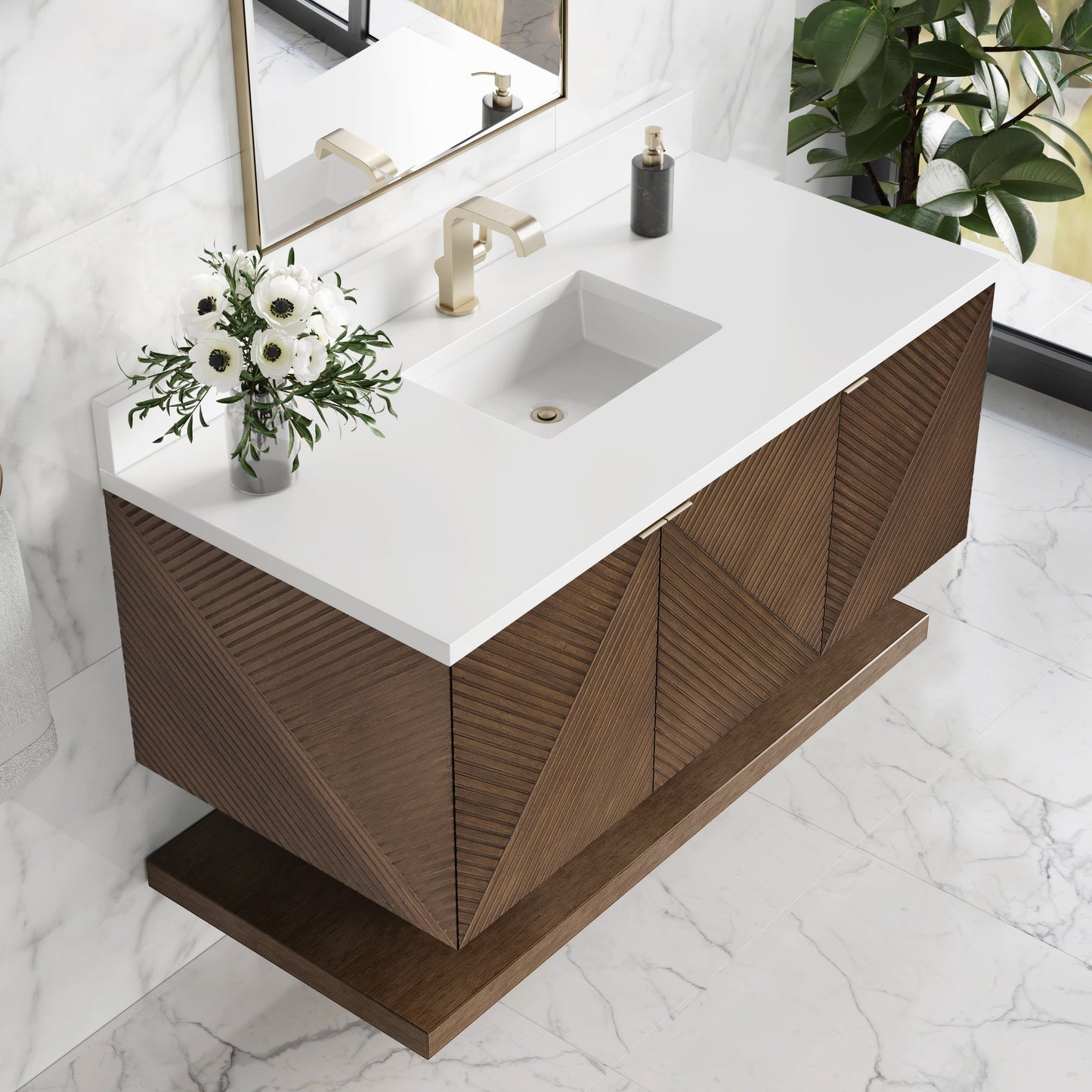 
                  
                    Marcello 48" Single Vanity in Chestnut Single Bathroom Vanity James Martin Vanities White Zeus Silestone Single-Hole Faucet Top w/Backsplash 
                  
                