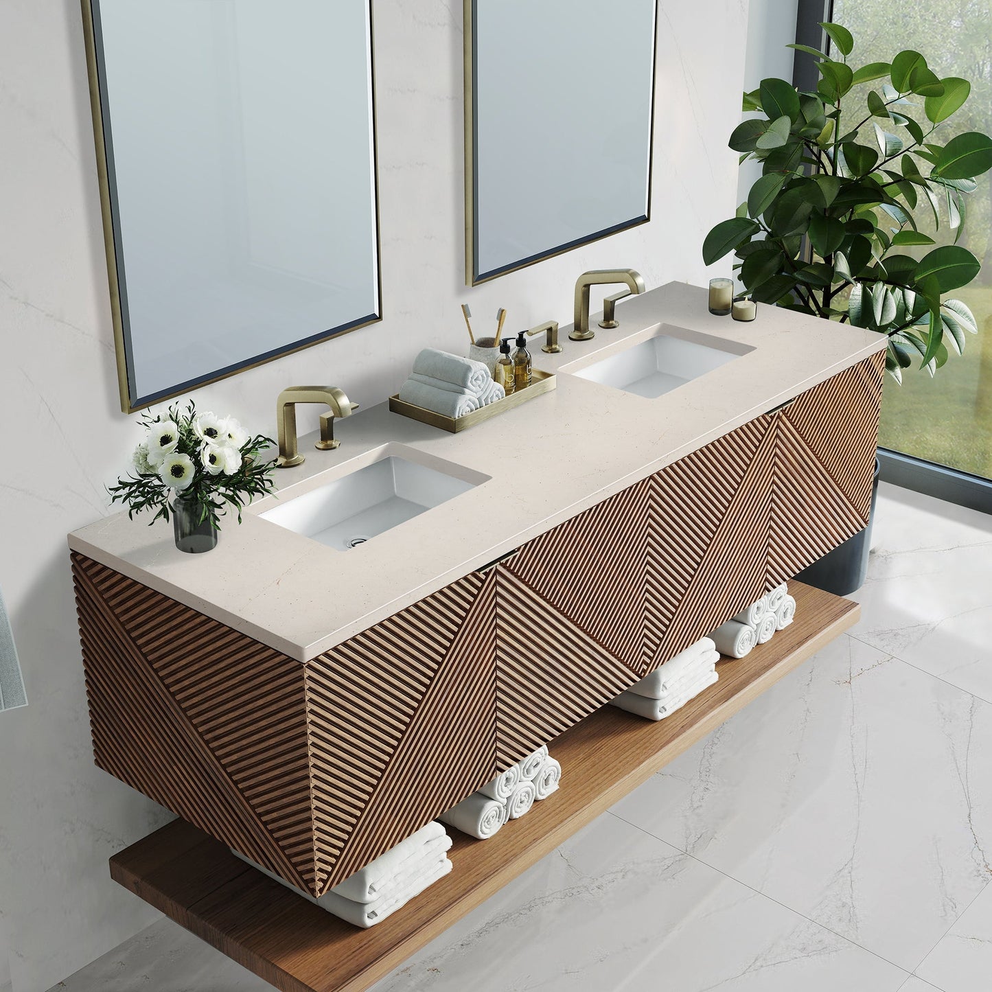 
                  
                    Marcello 72" Vanity in Chestnut Double Bathroom Vanity James Martin Vanities Eternal Marfil Silestone 
                  
                