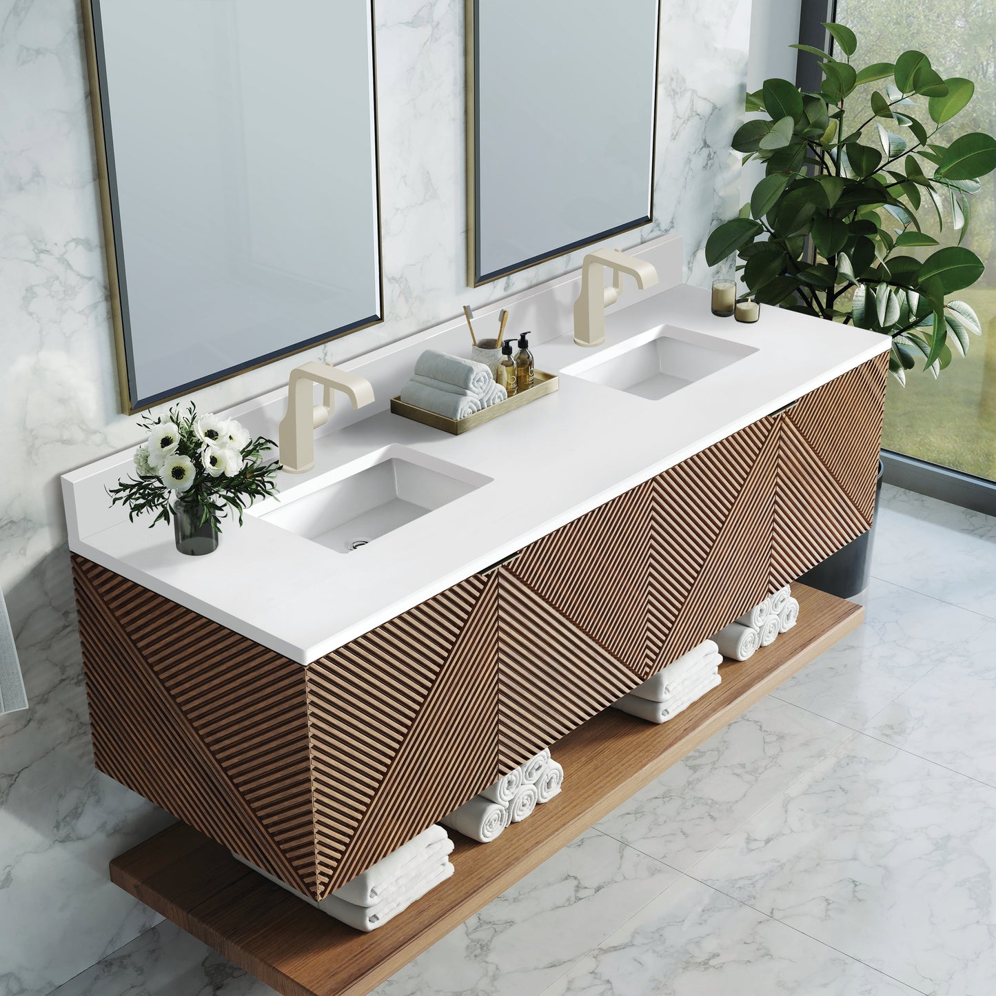 
                  
                    Marcello 72" Vanity in Chestnut Double Bathroom Vanity James Martin Vanities White Zeus Silestone Single-Hole Faucet Top w/Backsplash 
                  
                