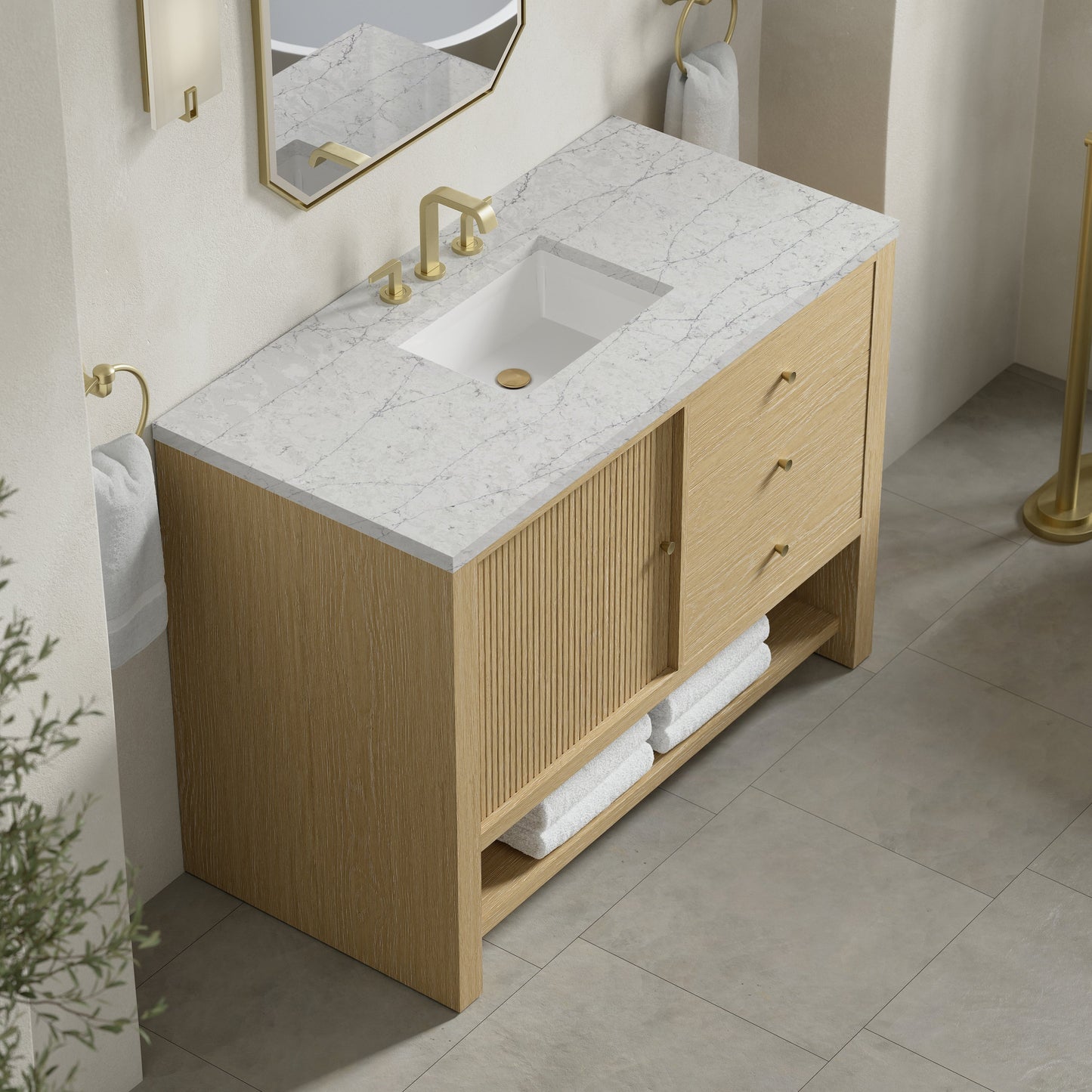 
                  
                    Marigot 48" Single Vanity in Sunwashed Oak Single Bathroom Vanity James Martin Vanities Eternal Jasmine Pearl Silestone 
                  
                