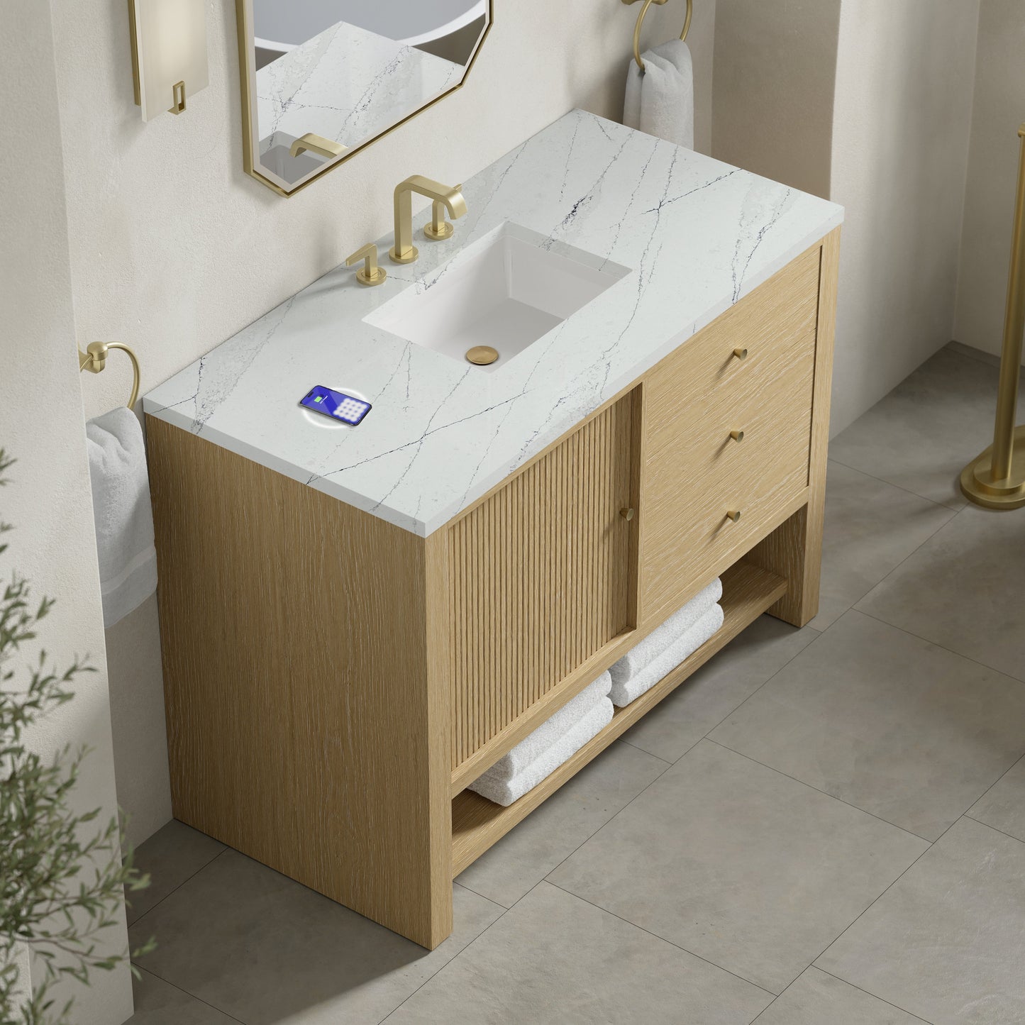 
                  
                    Marigot 48" Single Vanity in Sunwashed Oak Single Bathroom Vanity James Martin Vanities FreePower-Enabled Ethereal Noctis Silestone 
                  
                