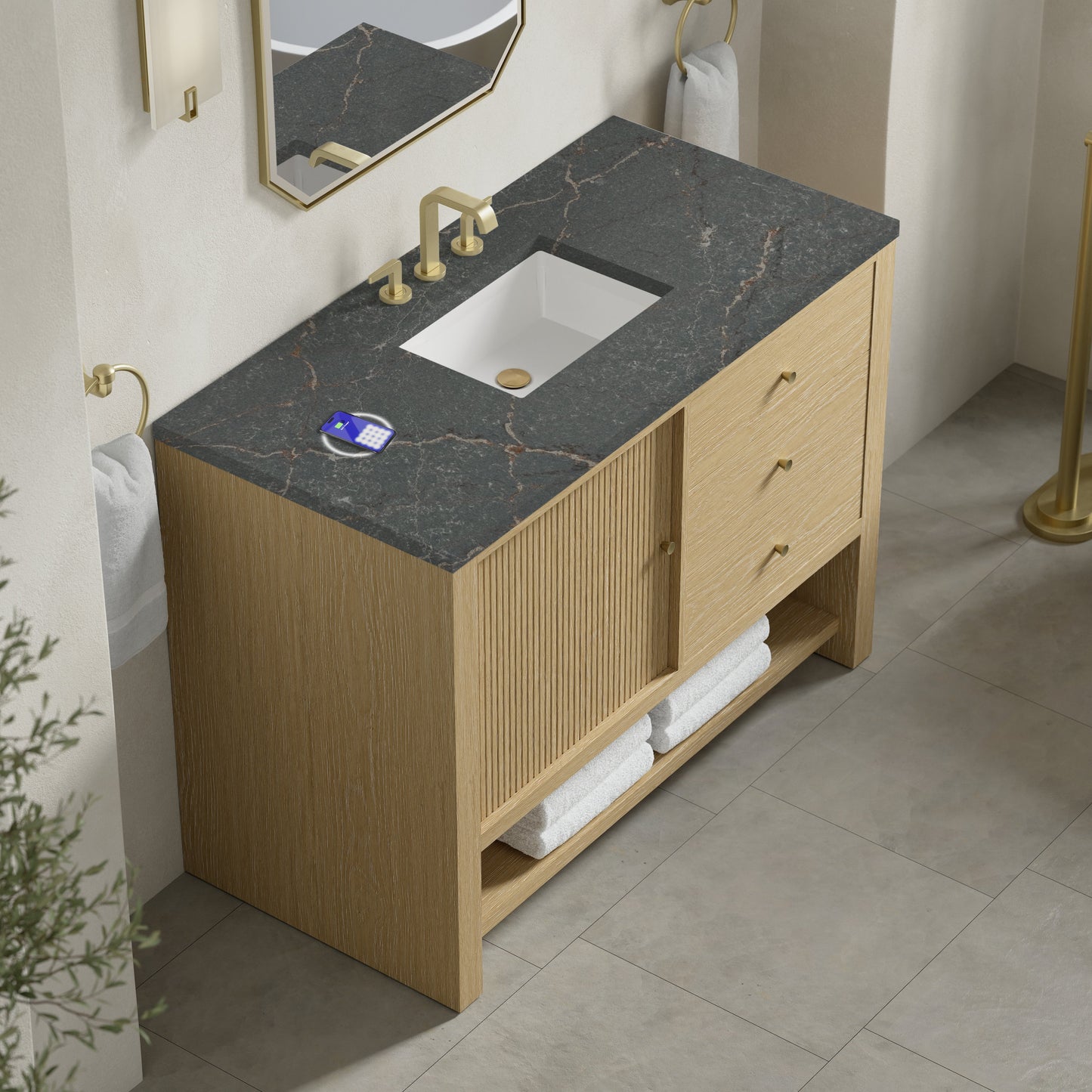 
                  
                    Marigot 48" Single Vanity in Sunwashed Oak Single Bathroom Vanity James Martin Vanities FreePower-Enabled Parisien Bleu Silestone 
                  
                