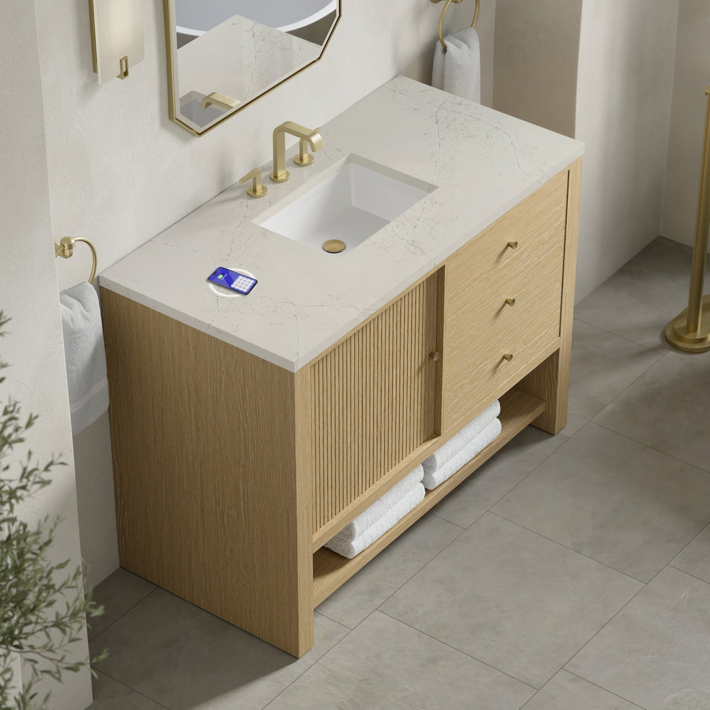 
                  
                    Marigot 48" Single Vanity in Sunwashed Oak Single Bathroom Vanity James Martin Vanities FreePower-Enabled Siberian Silestone 
                  
                