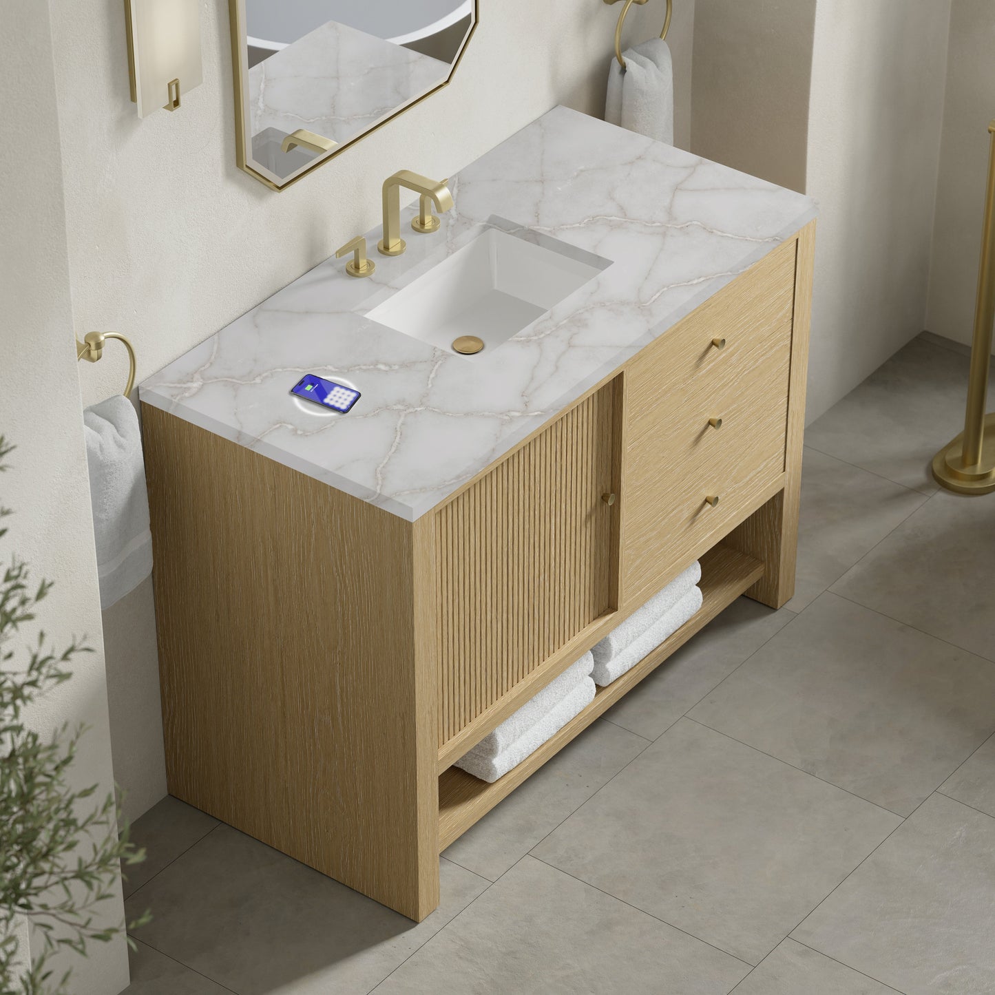 
                  
                    Marigot 48" Single Vanity in Sunwashed Oak Single Bathroom Vanity James Martin Vanities FreePower-Enabled Victorian Silver Silestone 
                  
                