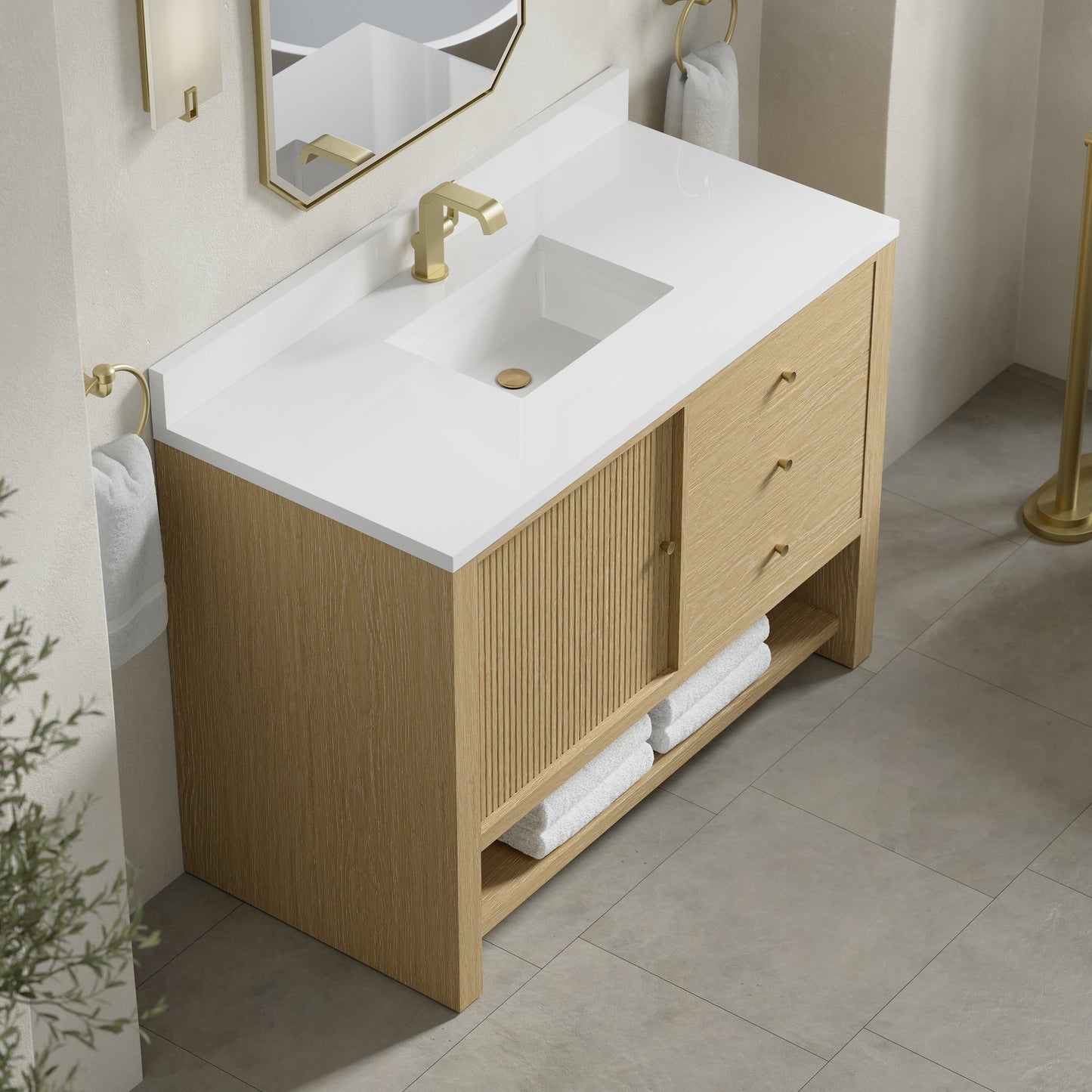 
                  
                    Marigot 48" Single Vanity in Sunwashed Oak Single Bathroom Vanity James Martin Vanities White Zeus Silestone Single-Hole Faucet Top w/Backsplash 
                  
                