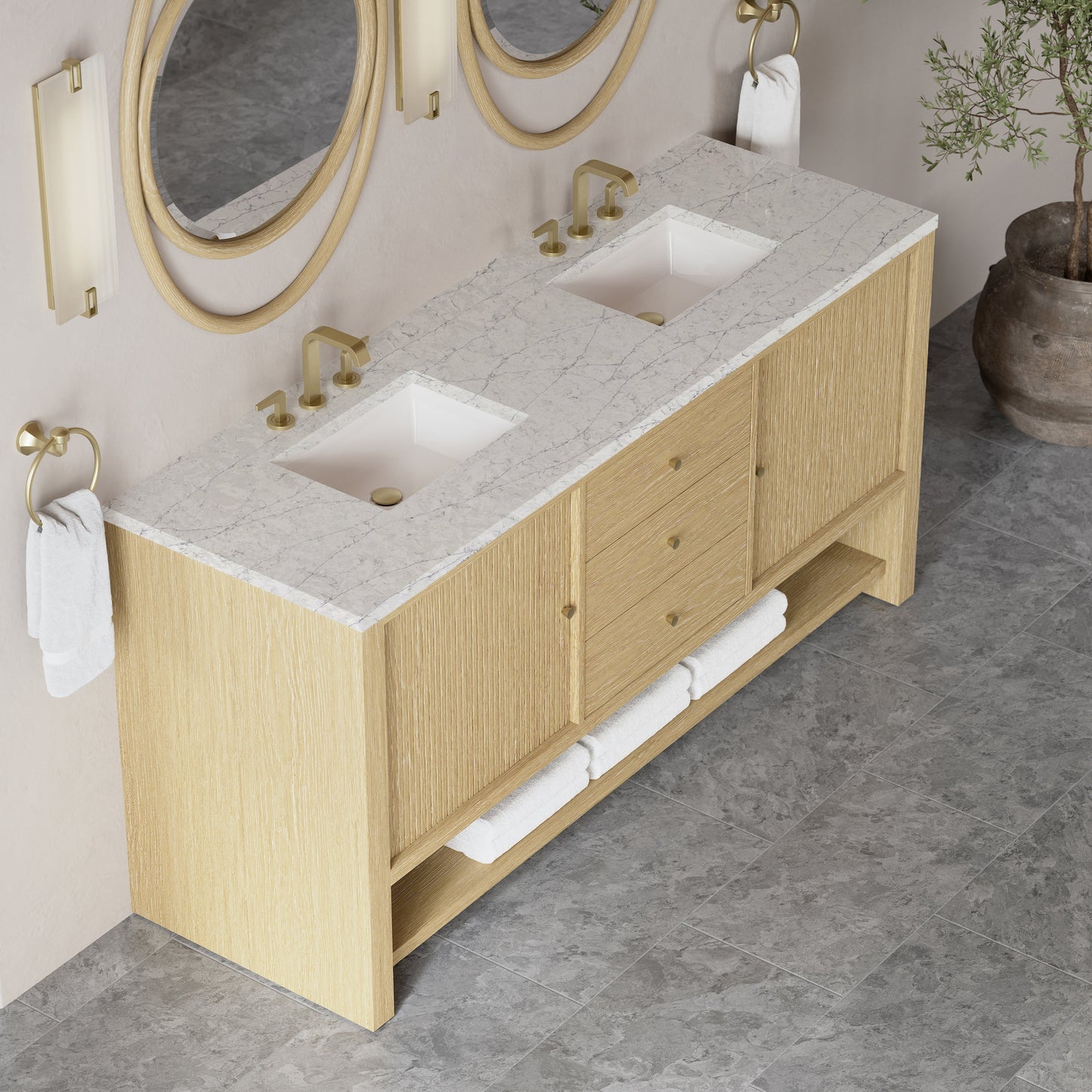 
                  
                    Marigot 72" Double Vanity in Sunwashed Oak Double bathroom Vanity James Martin Vanities Eternal Jasmine Pearl Silestone 
                  
                