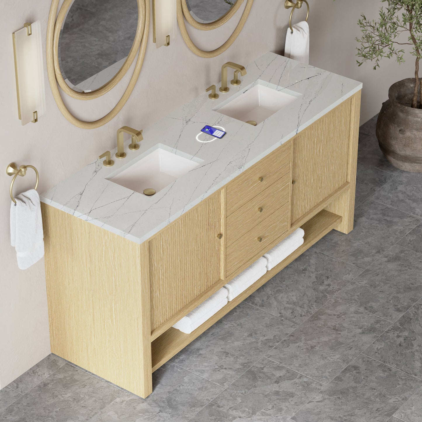 
                  
                    Marigot 72" Double Vanity in Sunwashed Oak Double bathroom Vanity James Martin Vanities FreePower-Enabled Ethereal Noctis Silestone 
                  
                