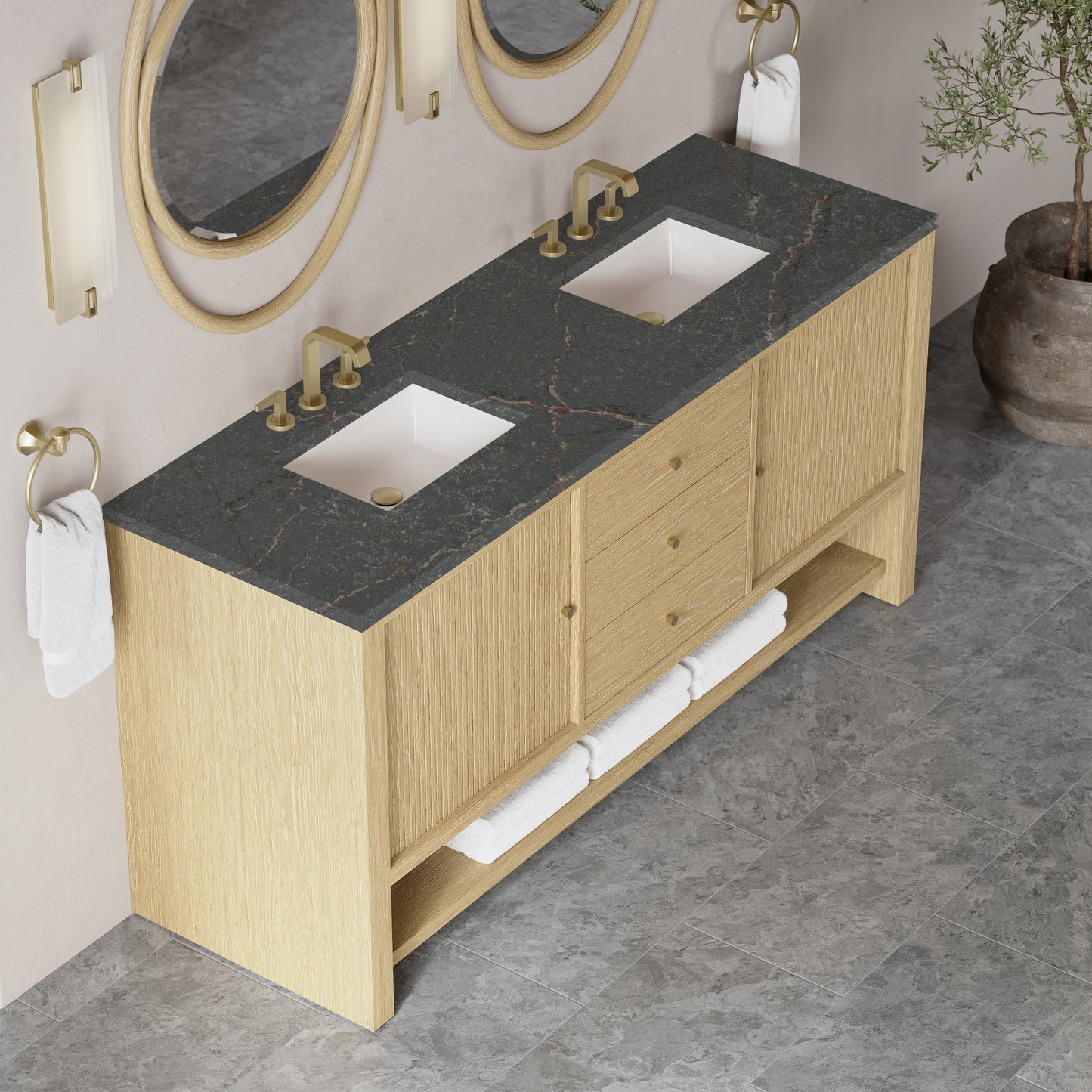 
                  
                    Marigot 72" Double Vanity in Sunwashed Oak Double bathroom Vanity James Martin Vanities Parisien Bleu Silestone 
                  
                