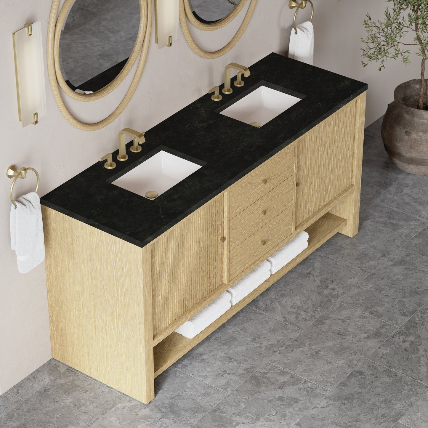 
                  
                    Marigot 72" Double Vanity in Sunwashed Oak Double bathroom Vanity James Martin Vanities Phantome Eclos 
                  
                