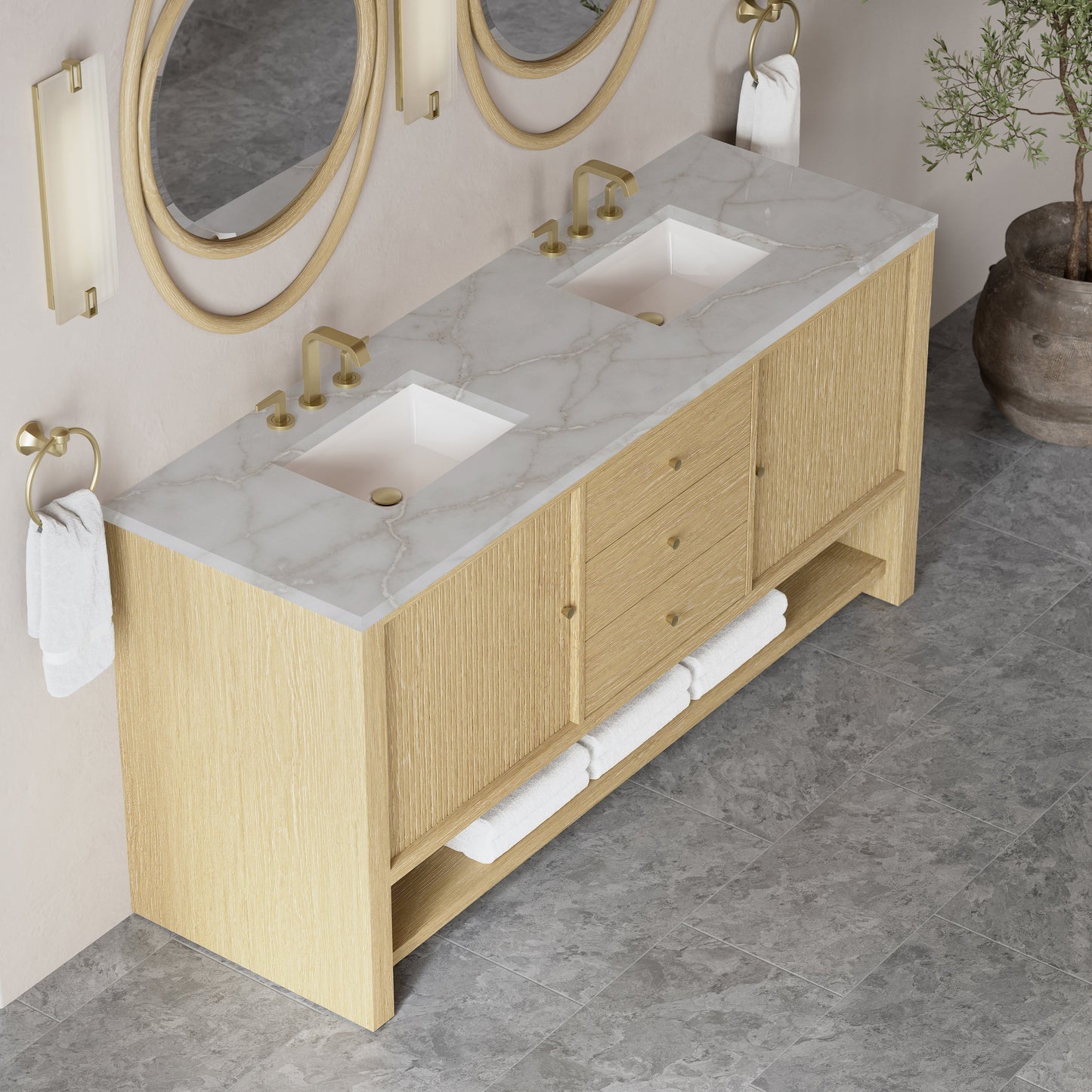 
                  
                    Marigot 72" Double Vanity in Sunwashed Oak Double bathroom Vanity James Martin Vanities Victorian Silver Silestone 
                  
                