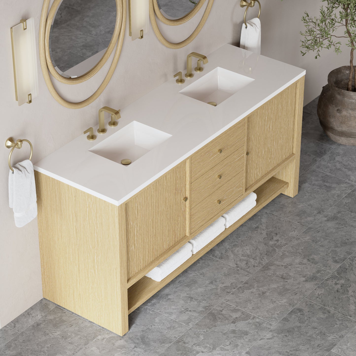 
                  
                    Marigot 72" Double Vanity in Sunwashed Oak Double bathroom Vanity James Martin Vanities White Zeus Silestone 
                  
                