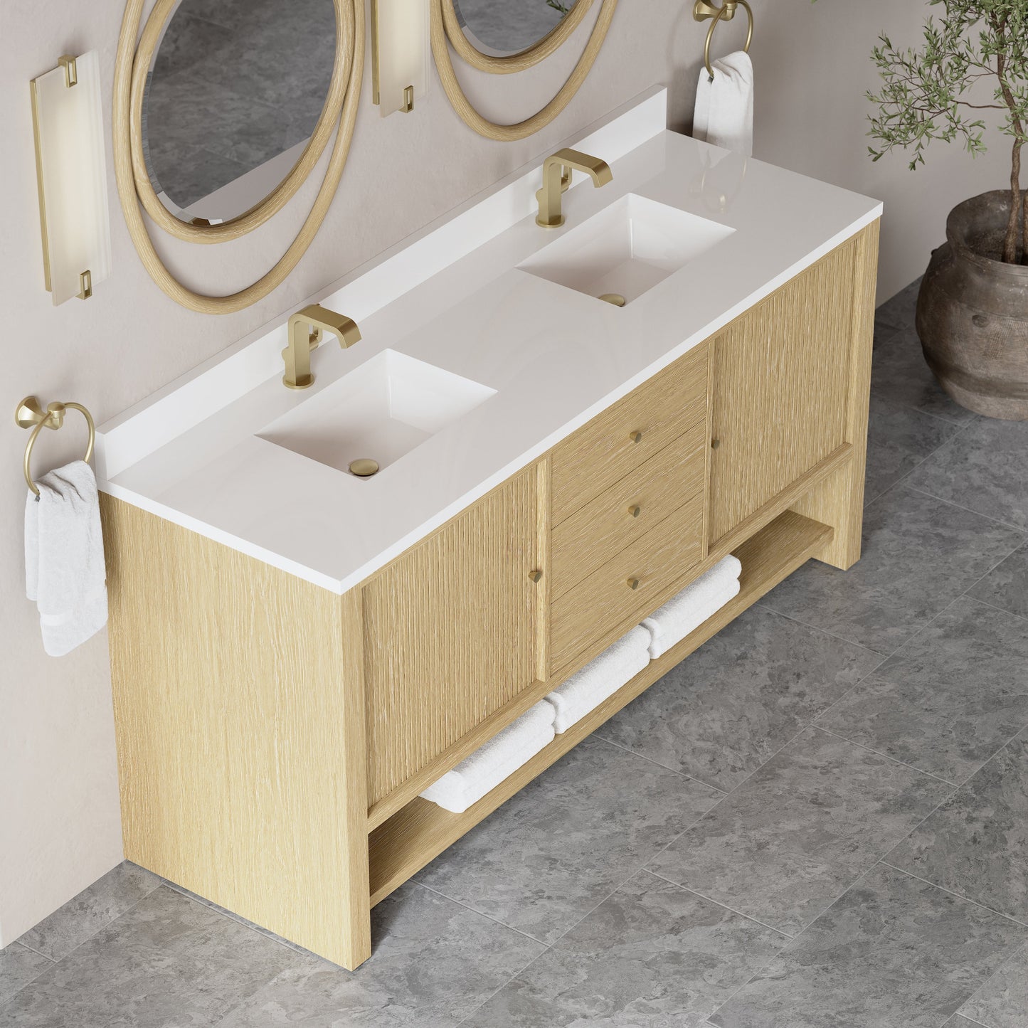 
                  
                    Marigot 72" Double Vanity in Sunwashed Oak Double bathroom Vanity James Martin Vanities White Zeus Silestone Single-Hole Faucet Top w/Backsplash 
                  
                