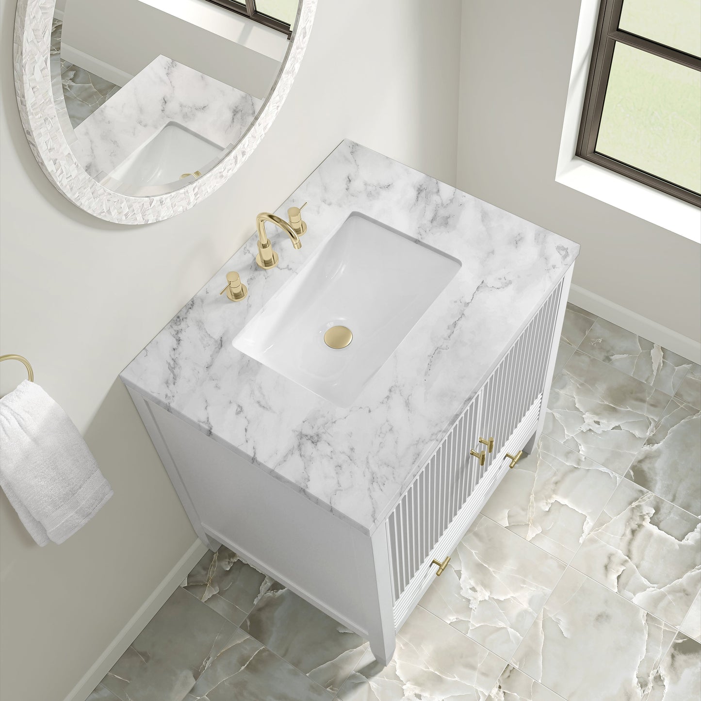 
                  
                    Myrrin 30" Single Vanity in Bright White Single Bathroom Vanity James Martin Vanities Carrara White Marble 
                  
                