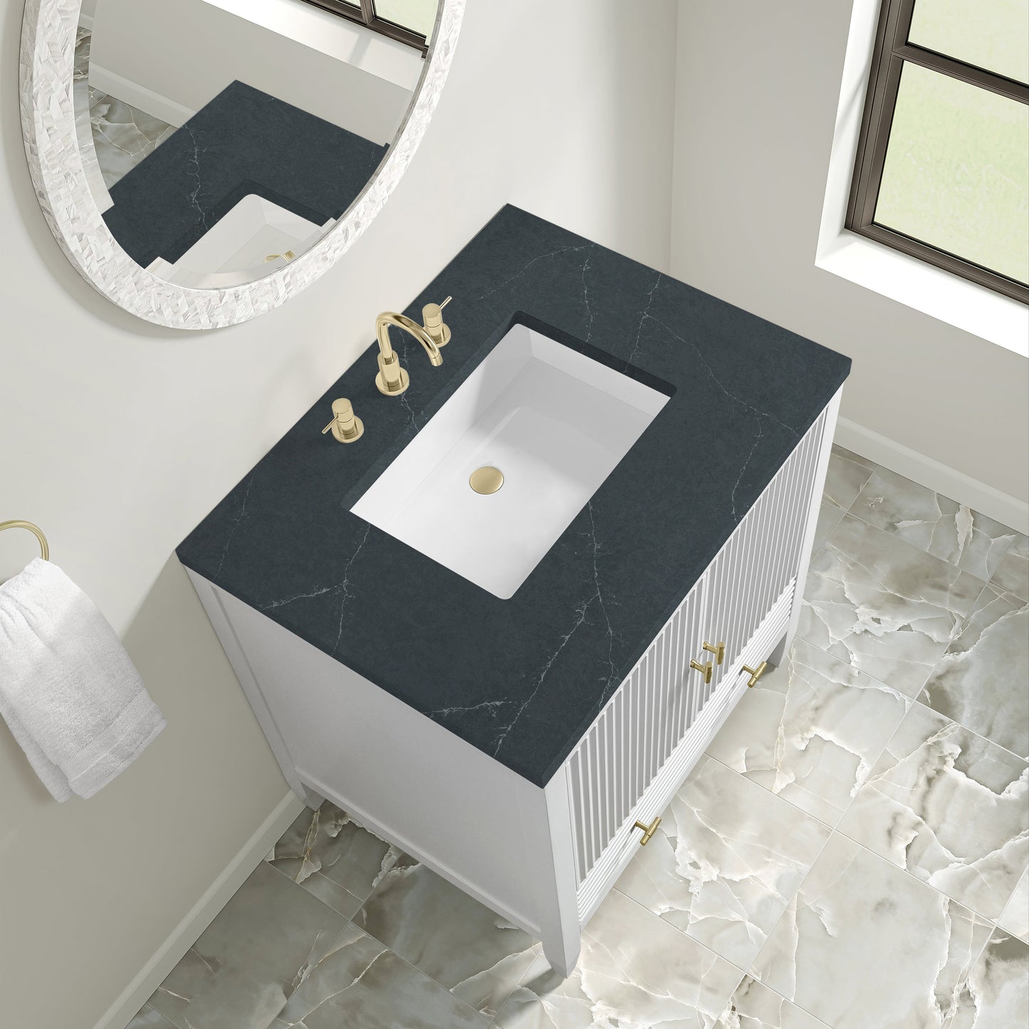
                  
                    Myrrin 30" Single Vanity in Bright White Single Bathroom Vanity James Martin Vanities Charcoal Soapstone Silestone 
                  
                