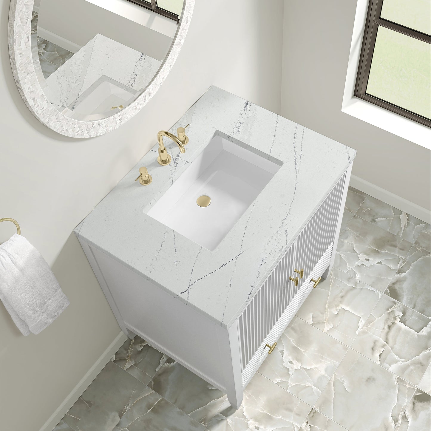 
                  
                    Myrrin 30" Single Vanity in Bright White Single Bathroom Vanity James Martin Vanities Ethereal Noctis Silestone 
                  
                