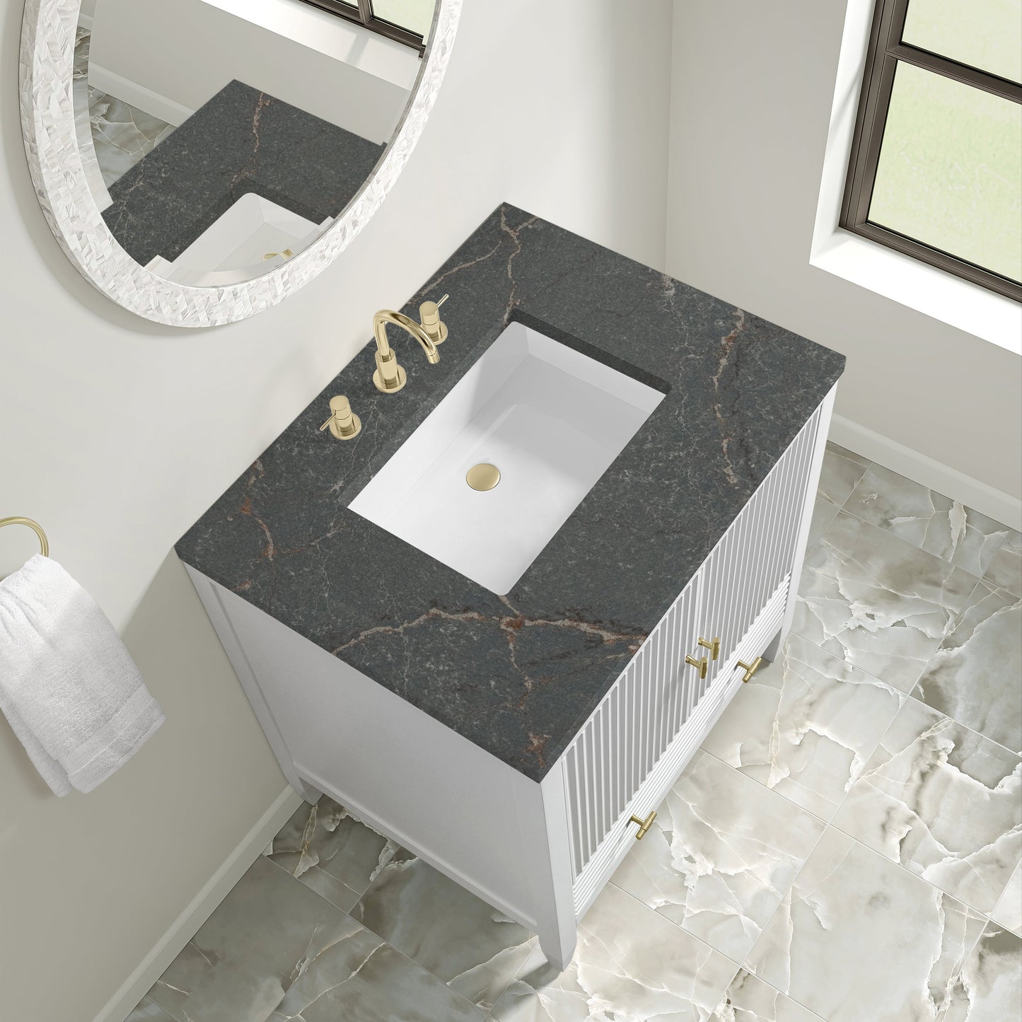 
                  
                    Myrrin 30" Single Vanity in Bright White Single Bathroom Vanity James Martin Vanities Parisien Bleu Silestone 
                  
                