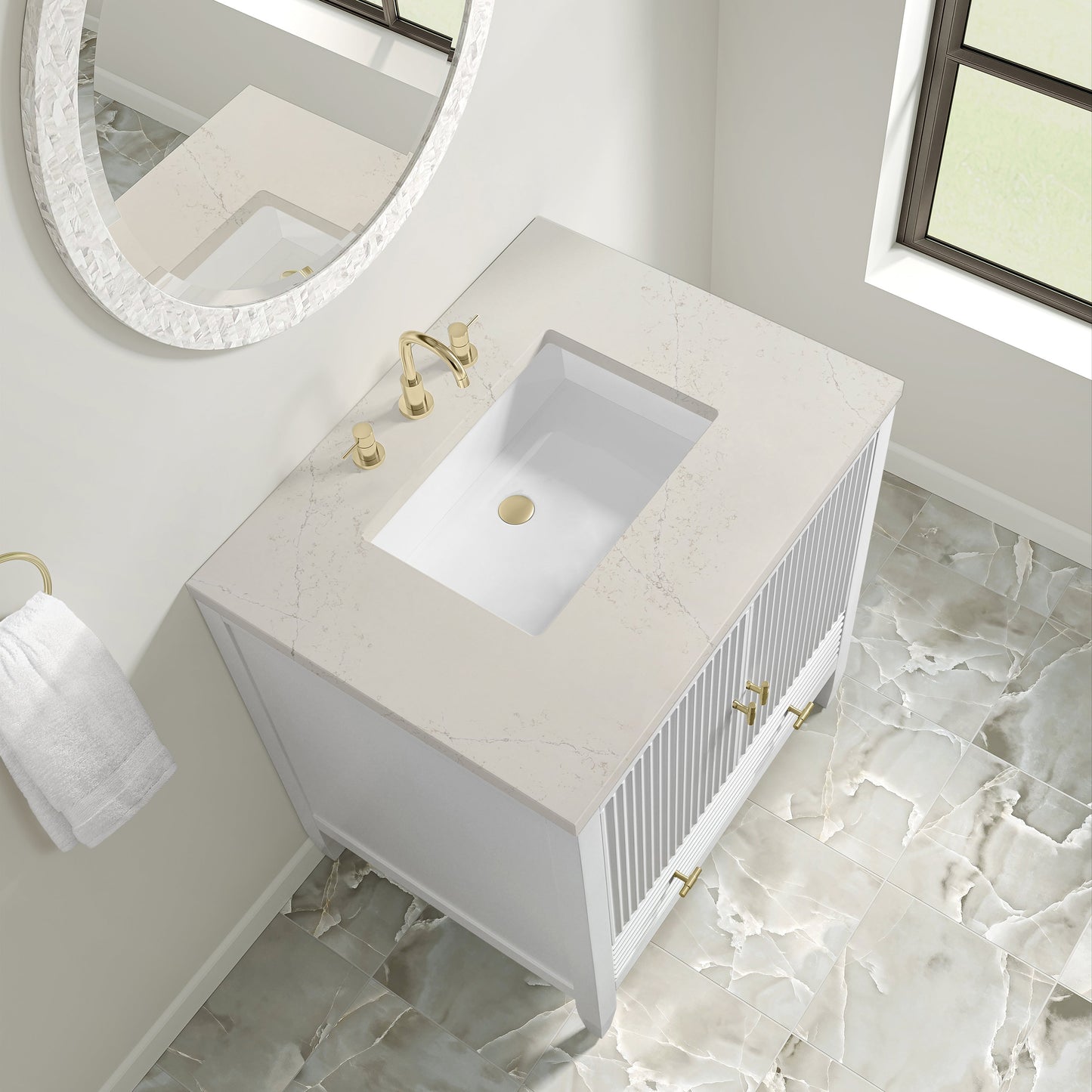 
                  
                    Myrrin 30" Single Vanity in Bright White Single Bathroom Vanity James Martin Vanities Siberian Silestone 
                  
                