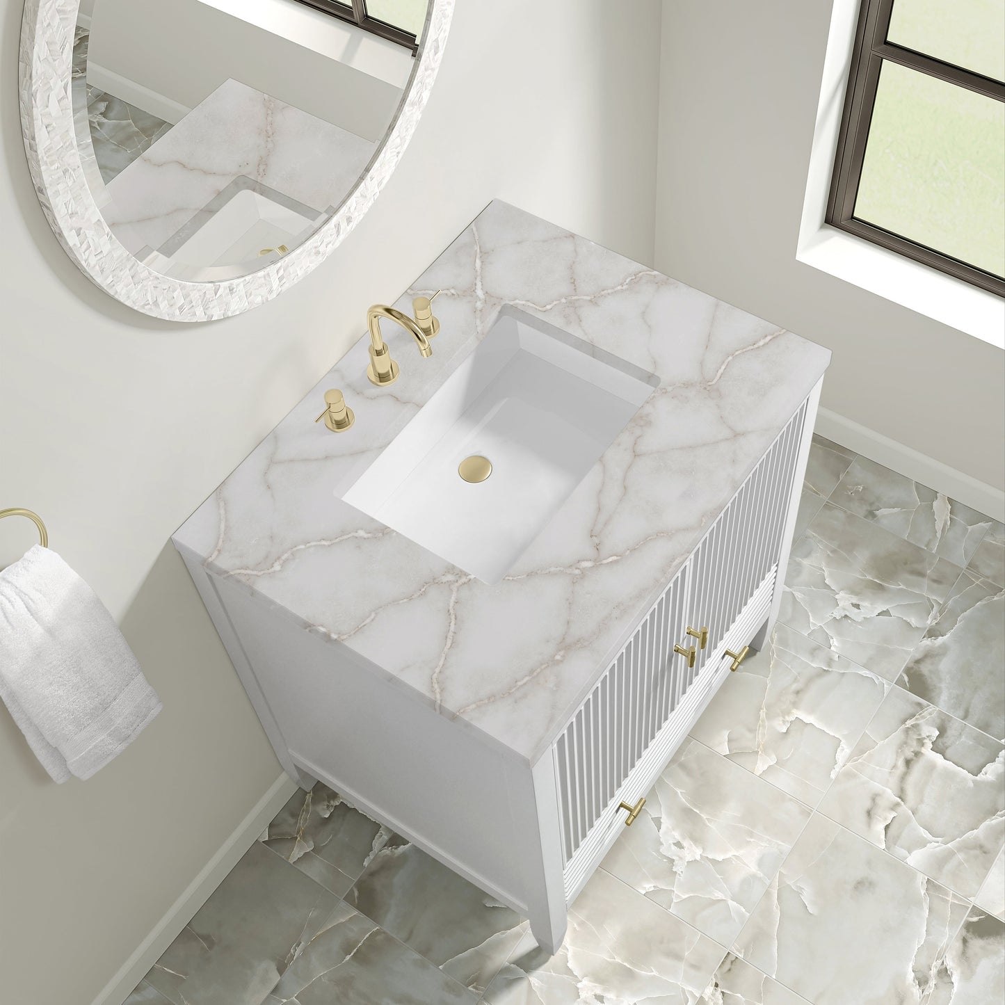 
                  
                    Myrrin 30" Single Vanity in Bright White Single Bathroom Vanity James Martin Vanities Victorian Silver Silestone 
                  
                