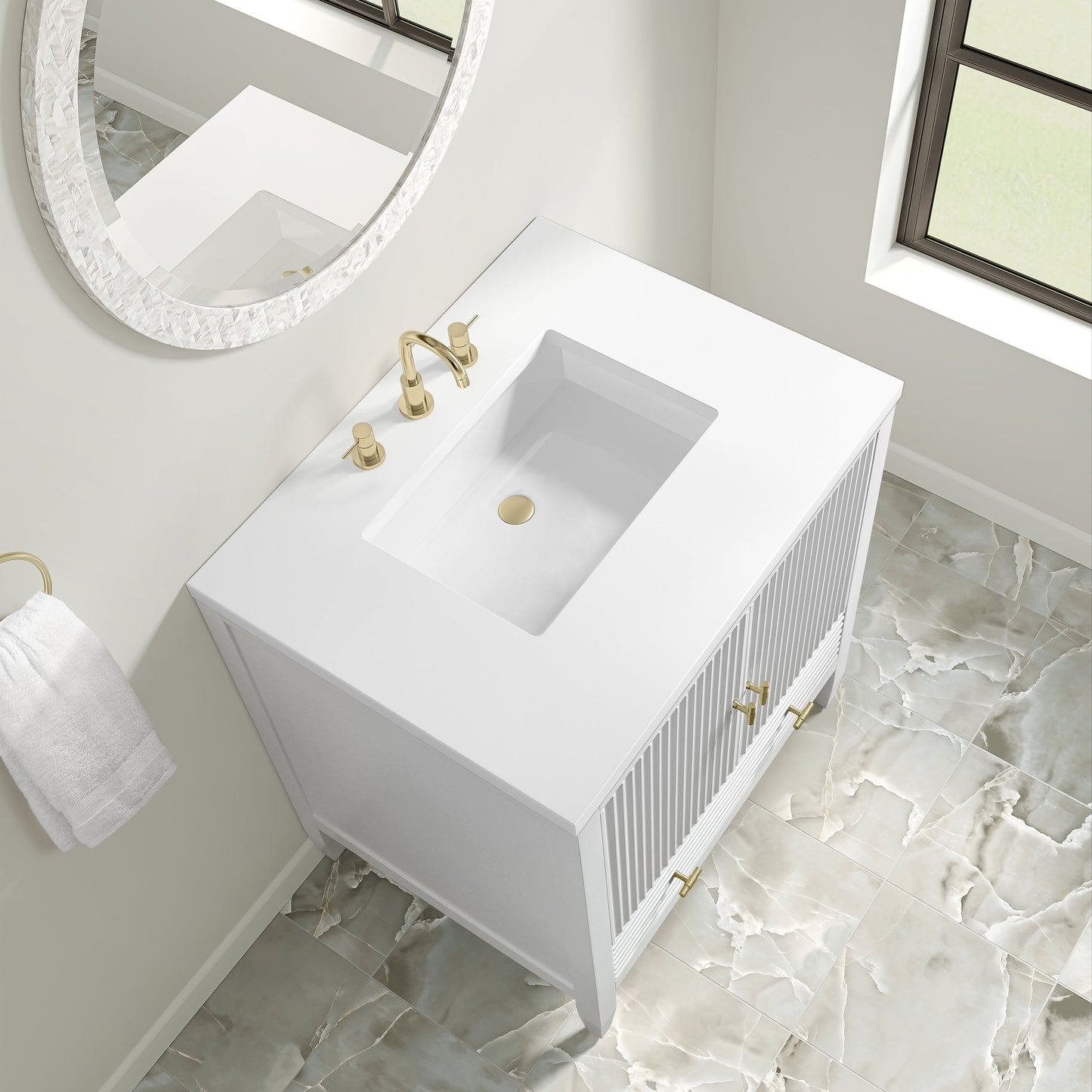 
                  
                    Myrrin 30" Single Vanity in Bright White Single Bathroom Vanity James Martin Vanities White Zeus Silestone 
                  
                