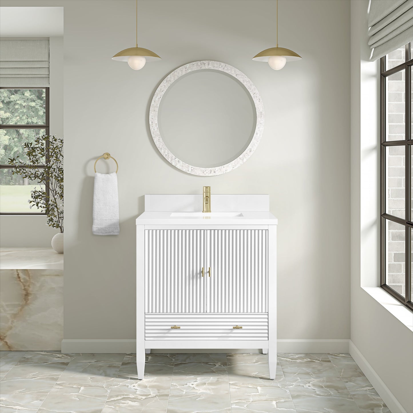 
                  
                    Myrrin 30" Single Vanity in Bright White Single Bathroom Vanity James Martin Vanities White Zeus Single Faucet Top with Backsplash 
                  
                