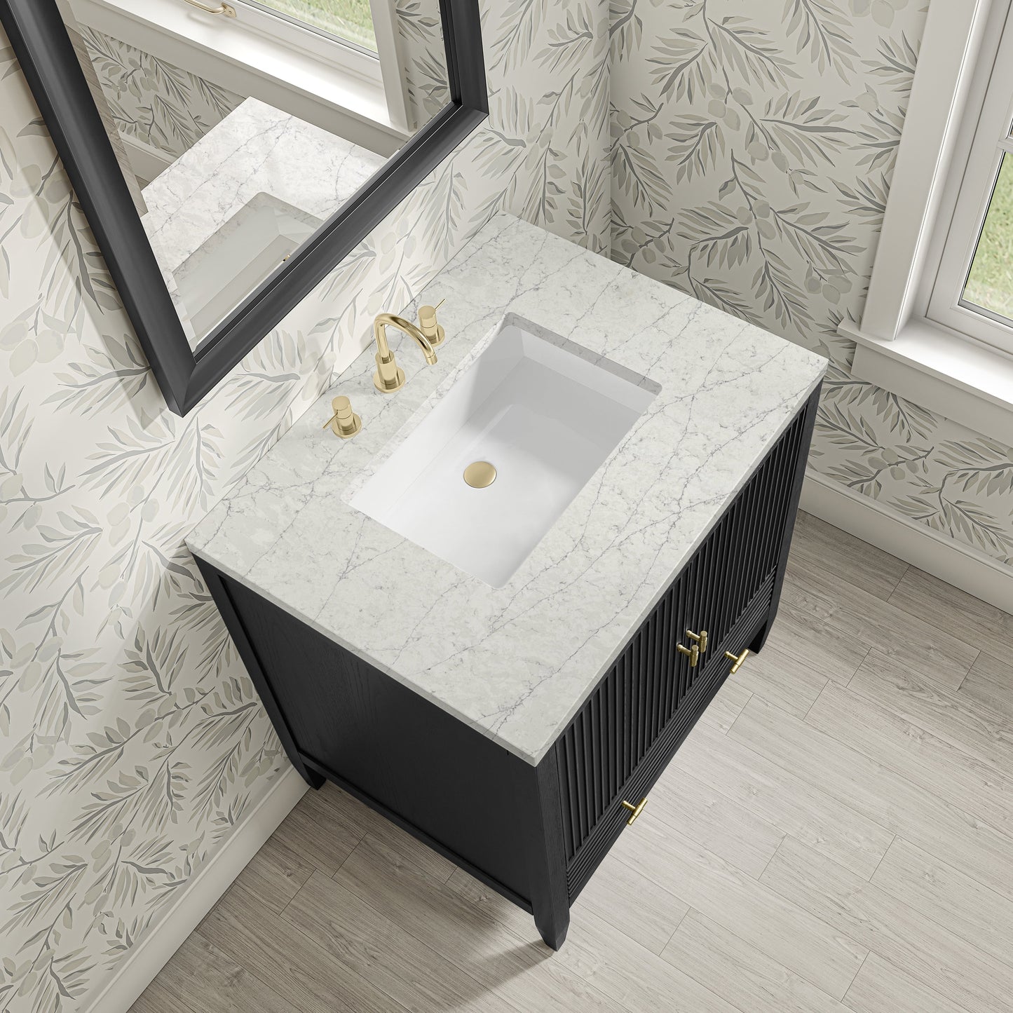 
                  
                    Myrrin 30" Single Vanity in Carbon Oak Single Bathroom Vanity James Martin Vanities Eternal Jasmine Pearl Silestone 
                  
                