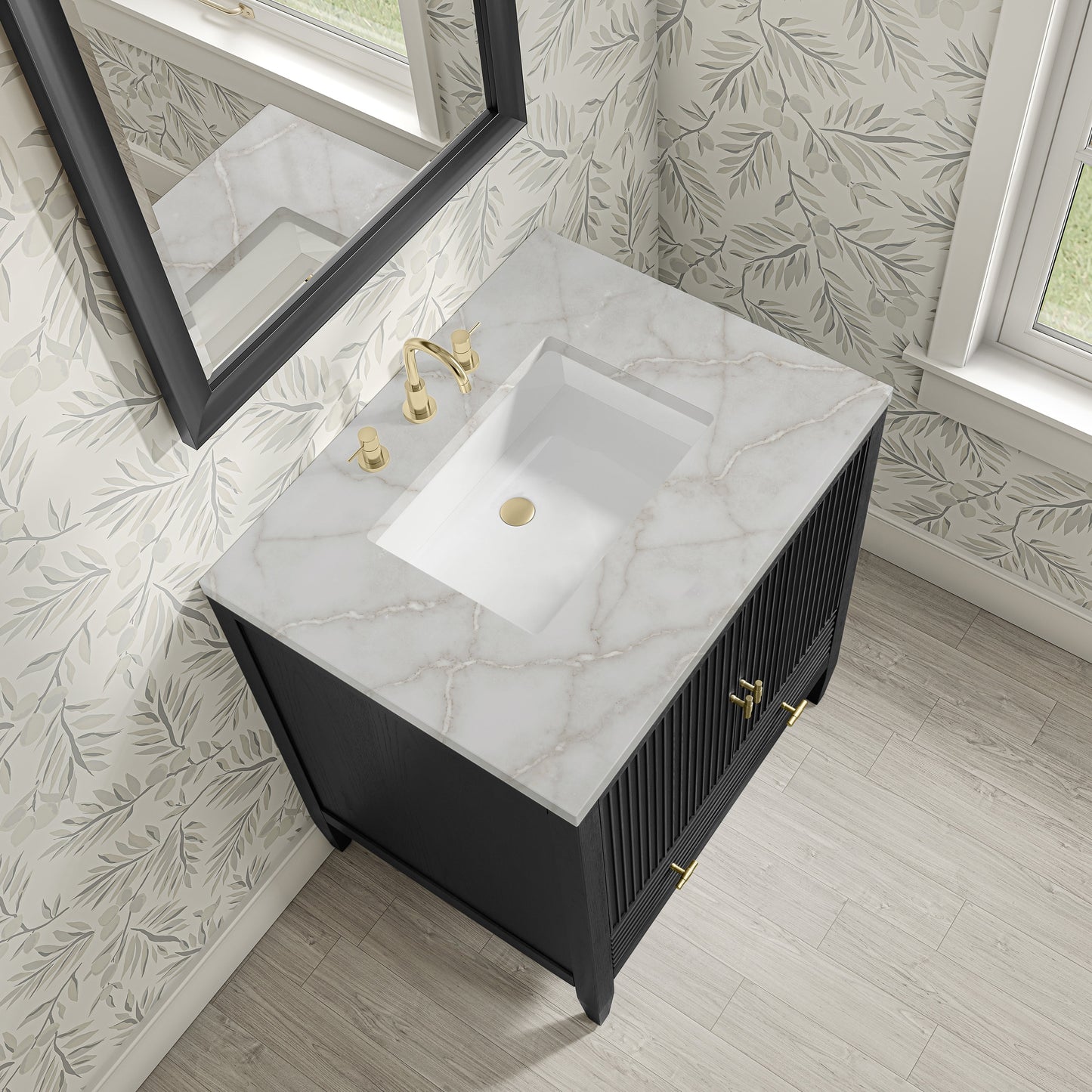 
                  
                    Myrrin 30" Single Vanity in Carbon Oak Single Bathroom Vanity James Martin Vanities Victorian Silver Silestone 
                  
                