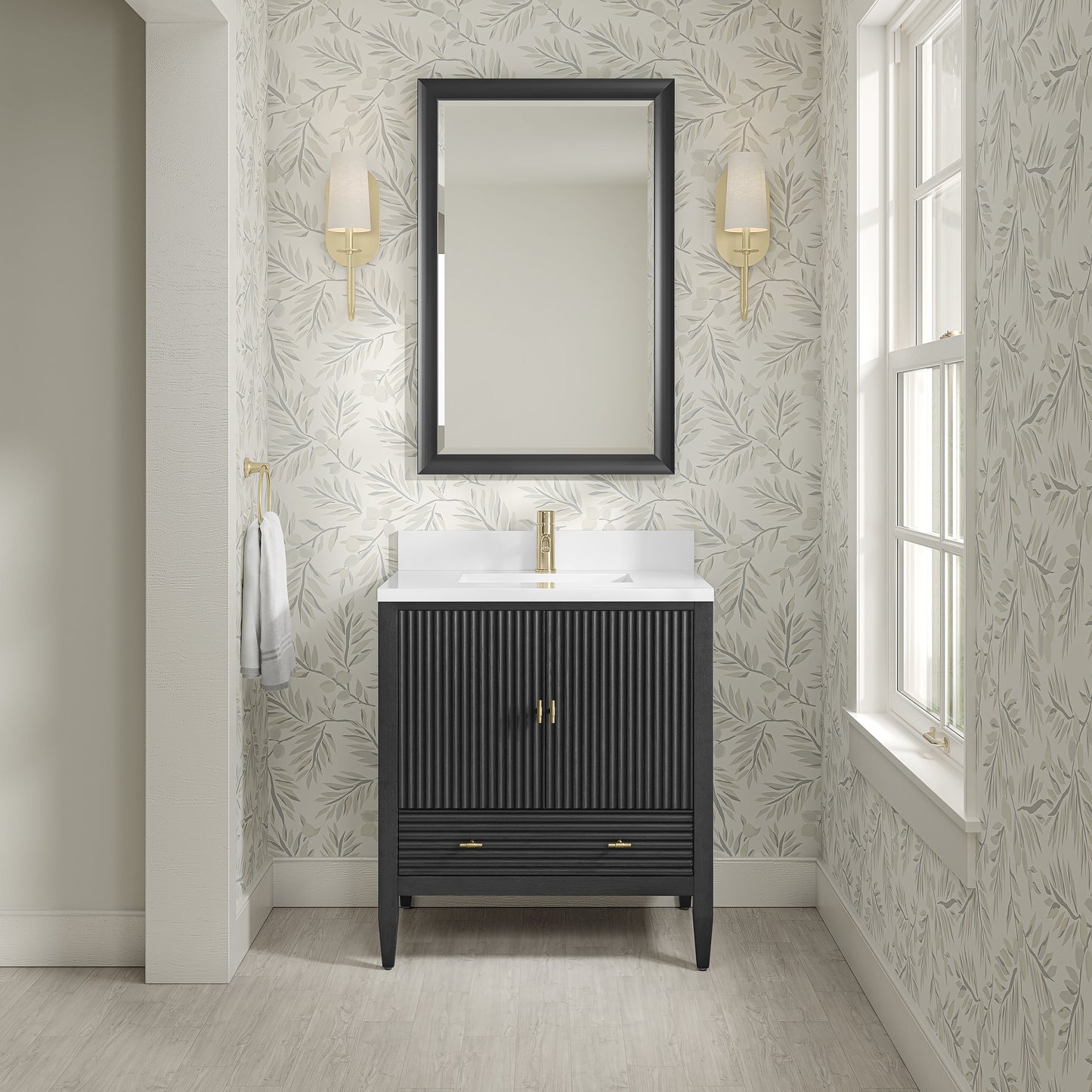 
                  
                    Myrrin 30" Single Vanity in Carbon Oak Single Bathroom Vanity James Martin Vanities White Zeus Single Faucet Top with Backsplash 
                  
                