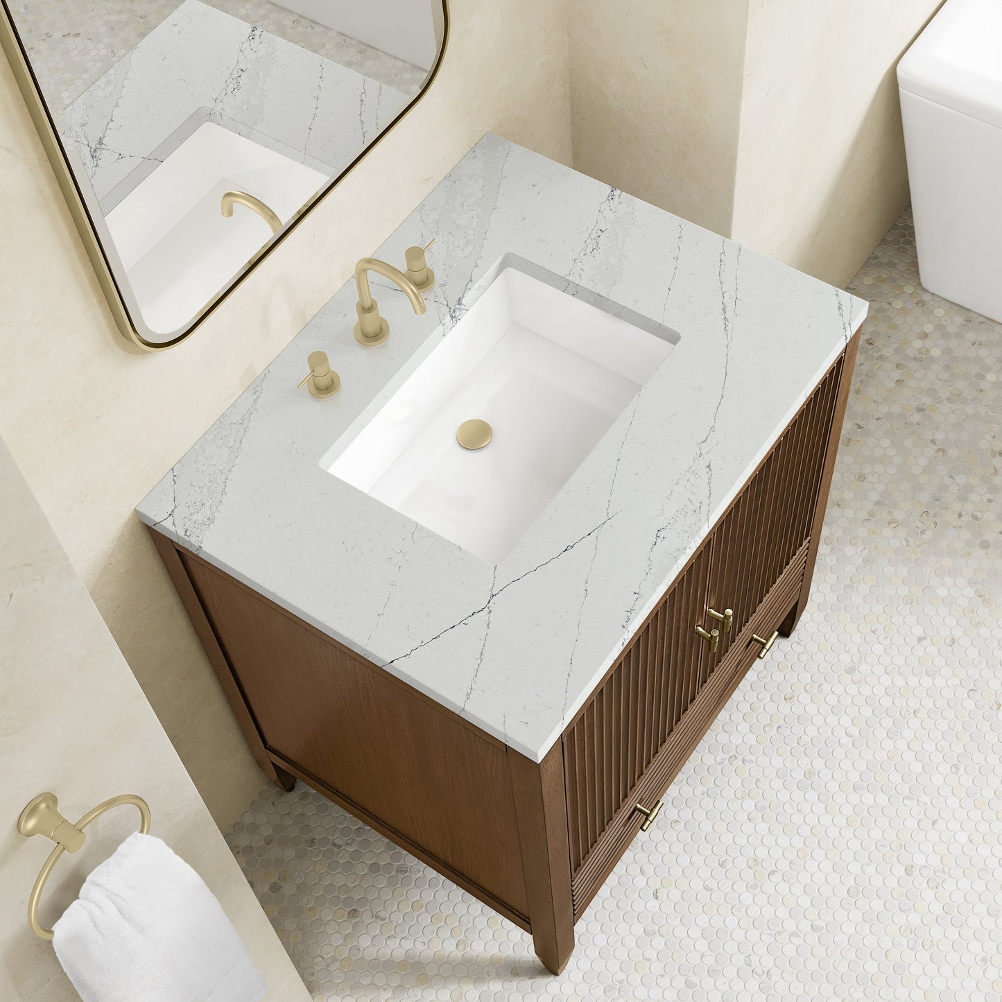 
                  
                    Myrrin 30" Single Vanity in Mid-Century Walnut Single Bathroom Vanity James Martin Vanities Ethereal Noctis Silestone 
                  
                
