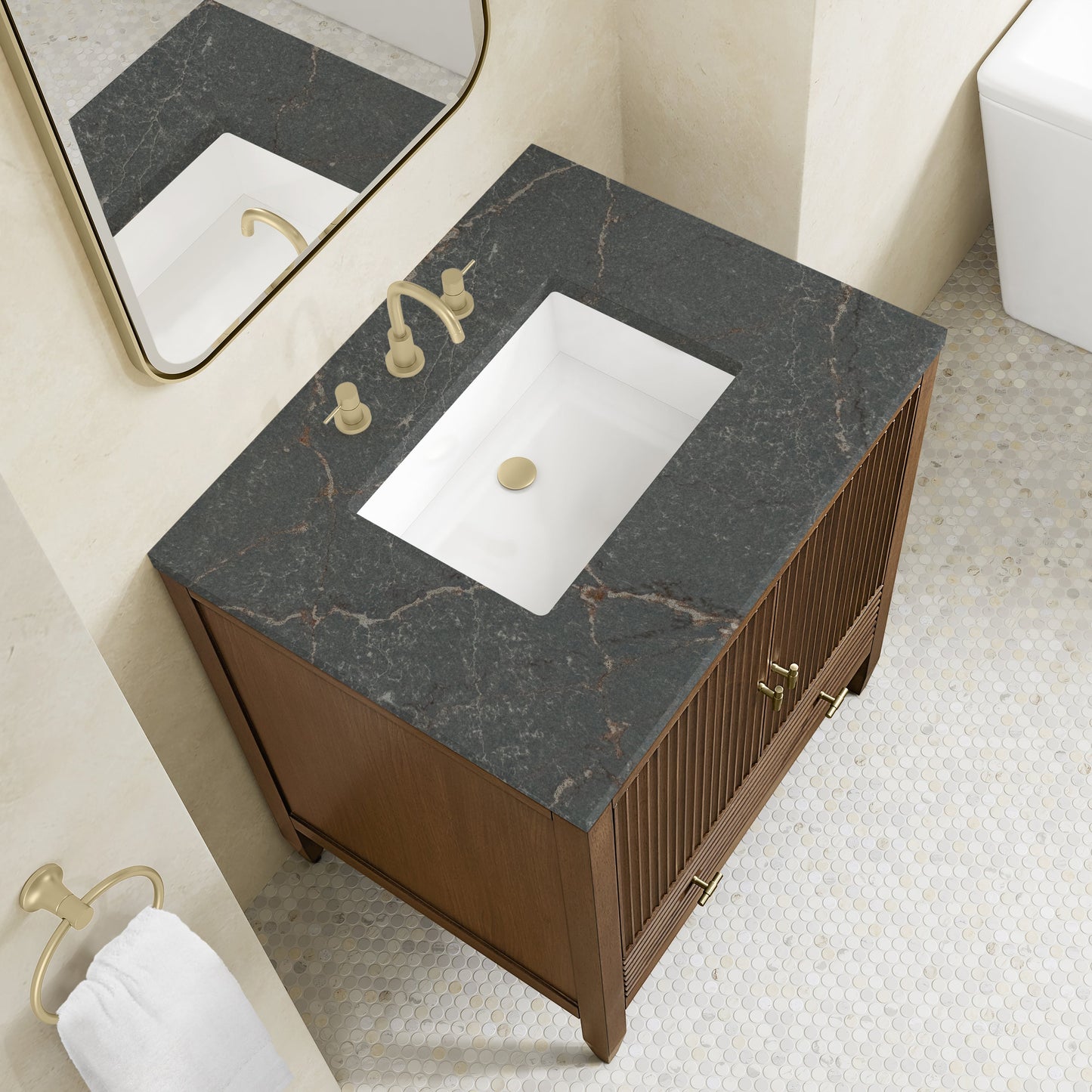 
                  
                    Myrrin 30" Single Vanity in Mid-Century Walnut Single Bathroom Vanity James Martin Vanities Parisien Bleu Silestone 
                  
                