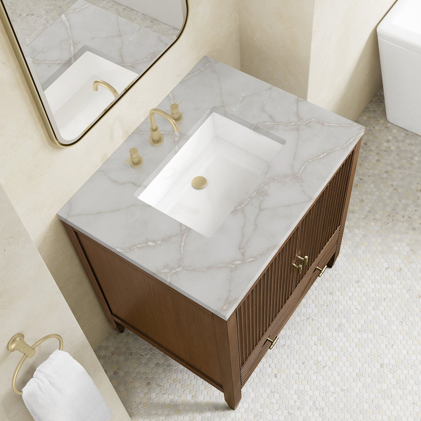 
                  
                    Myrrin 30" Single Vanity in Mid-Century Walnut Single Bathroom Vanity James Martin Vanities Victorian Silver Silestone 
                  
                