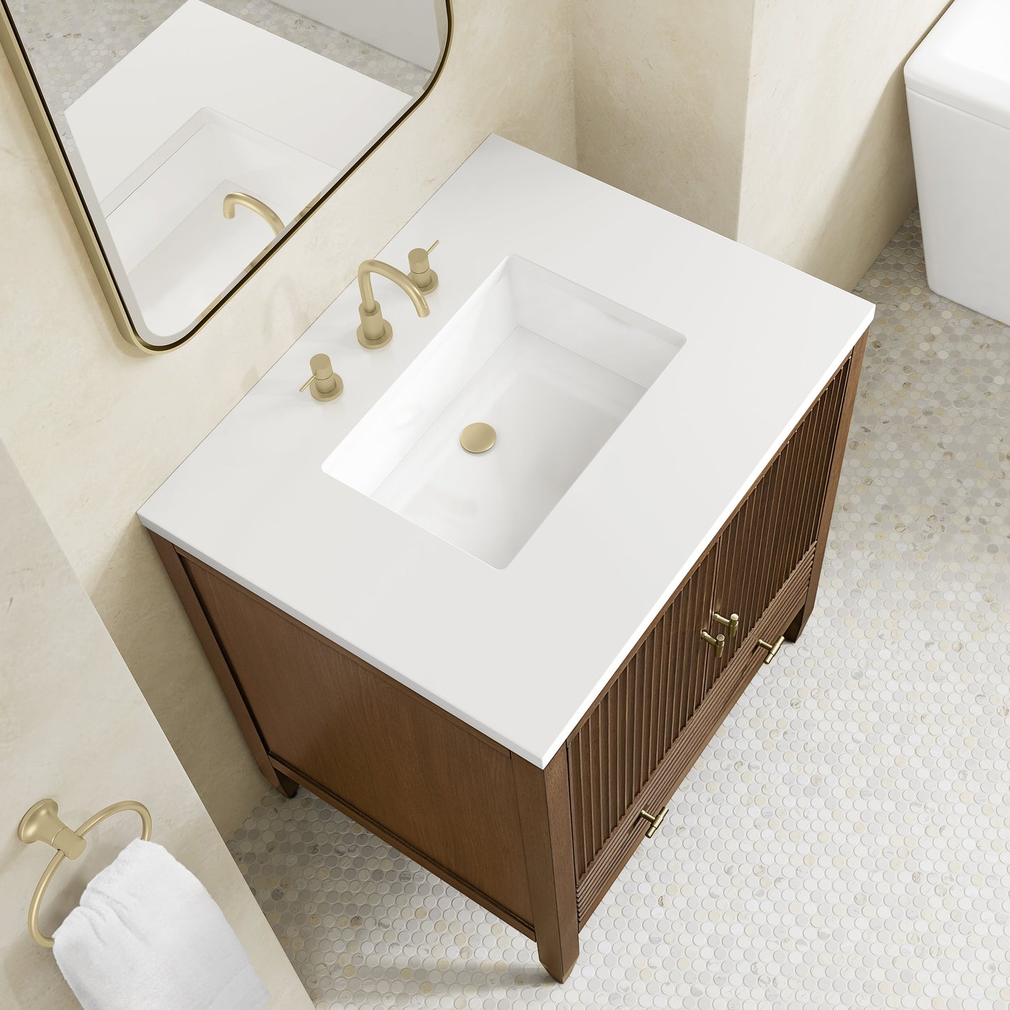 
                  
                    Myrrin 30" Single Vanity in Mid-Century Walnut Single Bathroom Vanity James Martin Vanities White Zeus Silestone 
                  
                