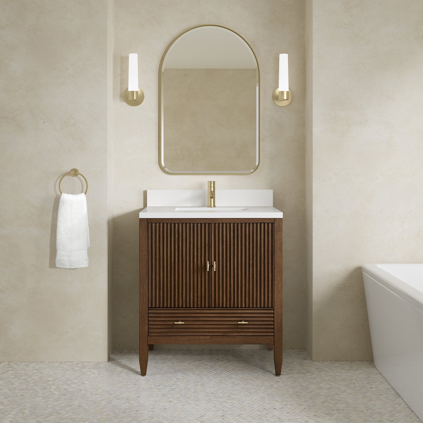 
                  
                    Myrrin 30" Single Vanity in Mid-Century Walnut Single Bathroom Vanity James Martin Vanities White Zeus Single Faucet Top with Backsplash 
                  
                