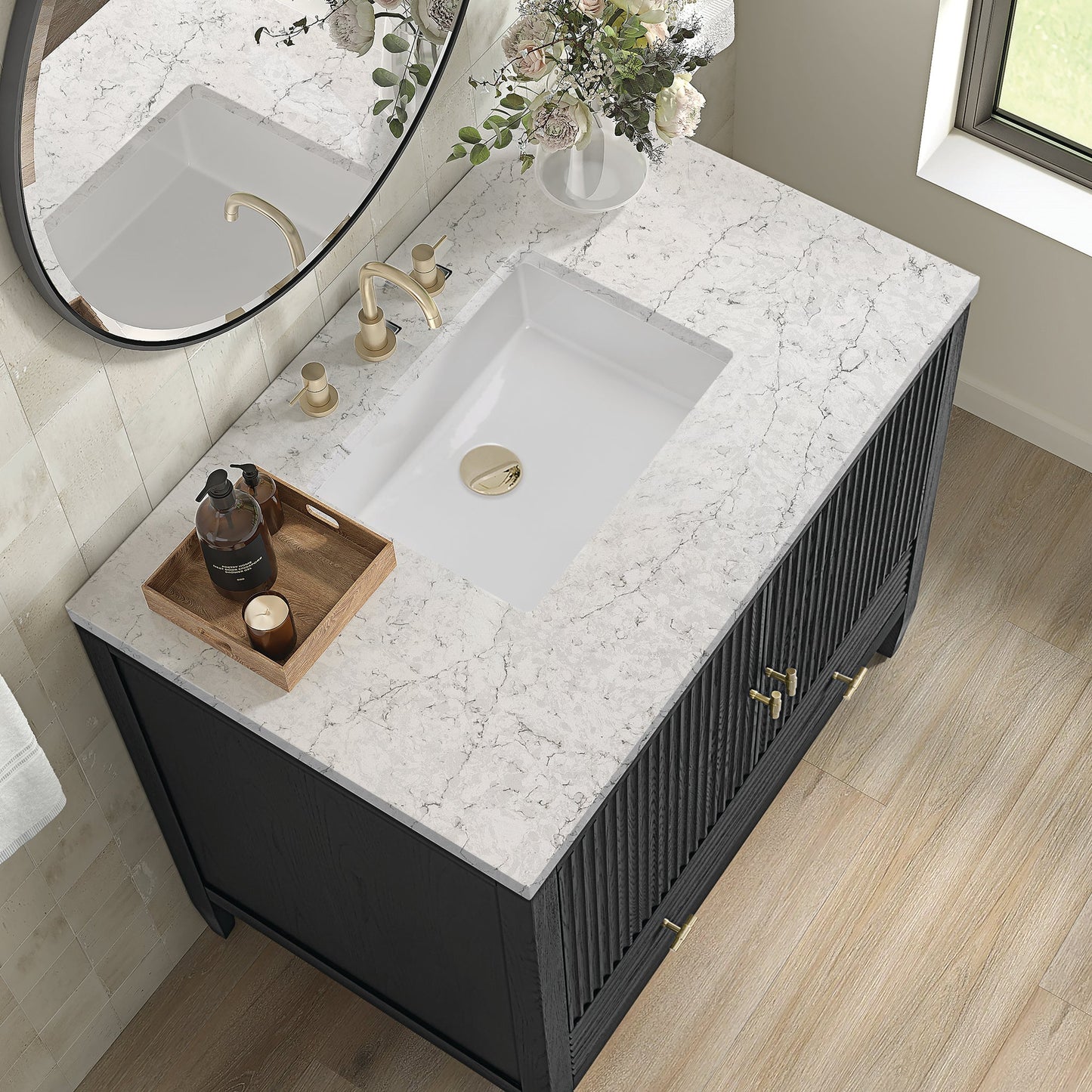 
                  
                    Myrrin 36" Single Vanity in Carbon Oak Single Bathroom Vanity James Martin Vanities Eternal Jasmine Pearl Silestone 
                  
                