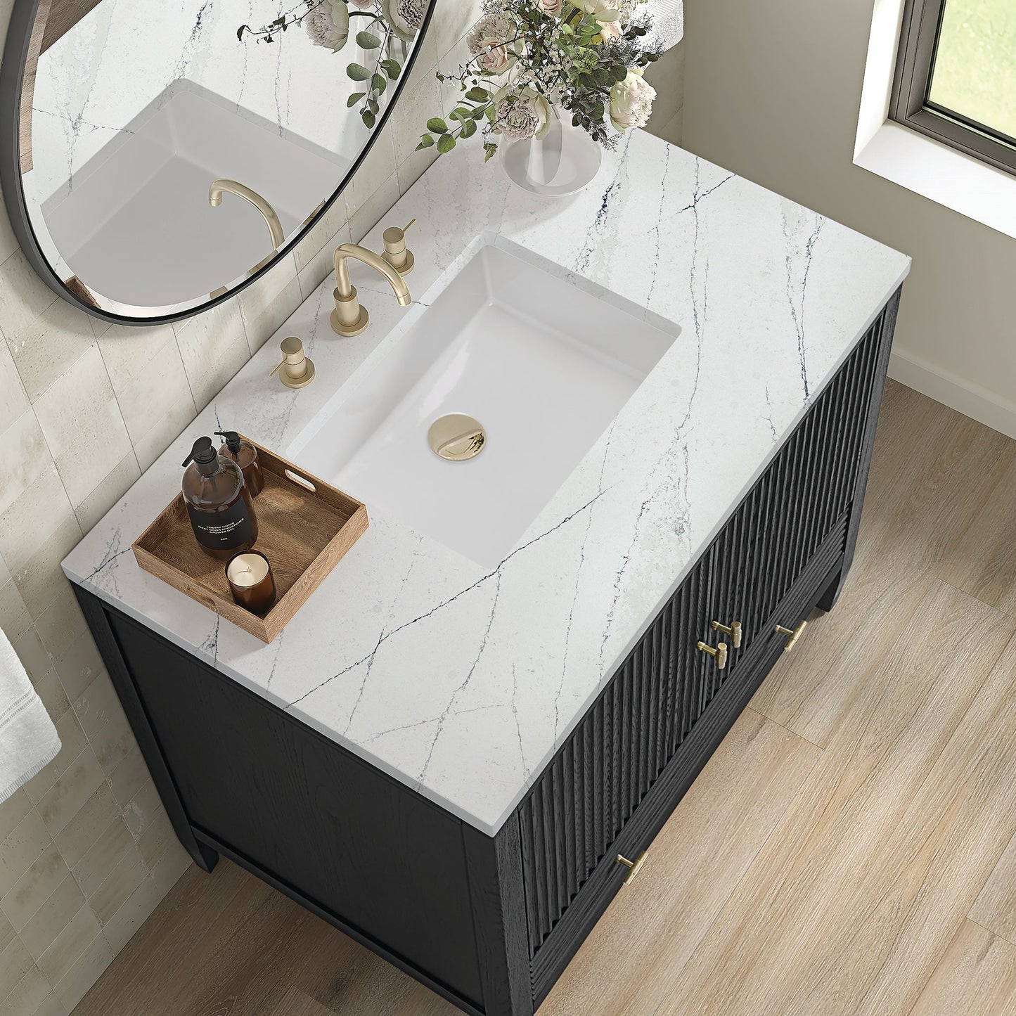 
                  
                    Myrrin 36" Single Vanity in Carbon Oak Single Bathroom Vanity James Martin Vanities Ethereal Noctis Silestone 
                  
                
