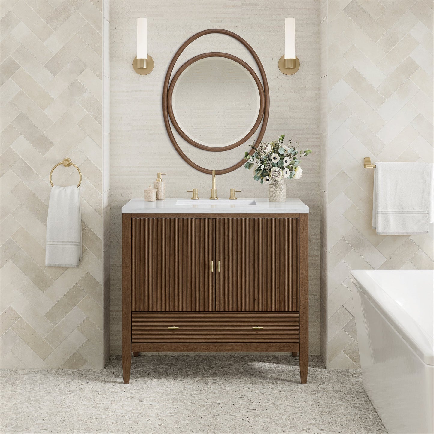 Myrrin 36" Single Vanity in Mid-Century Walnut Single Bathroom Vanity James Martin Vanities 