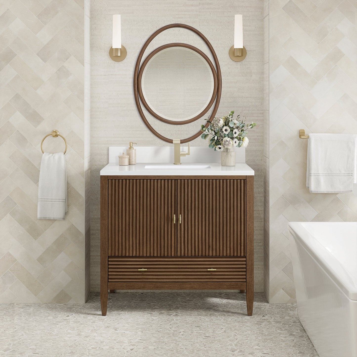 
                  
                    Myrrin 36" Single Vanity in Mid-Century Walnut Single Bathroom Vanity James Martin Vanities White Zeus Single Faucet Top with Backsplash 
                  
                