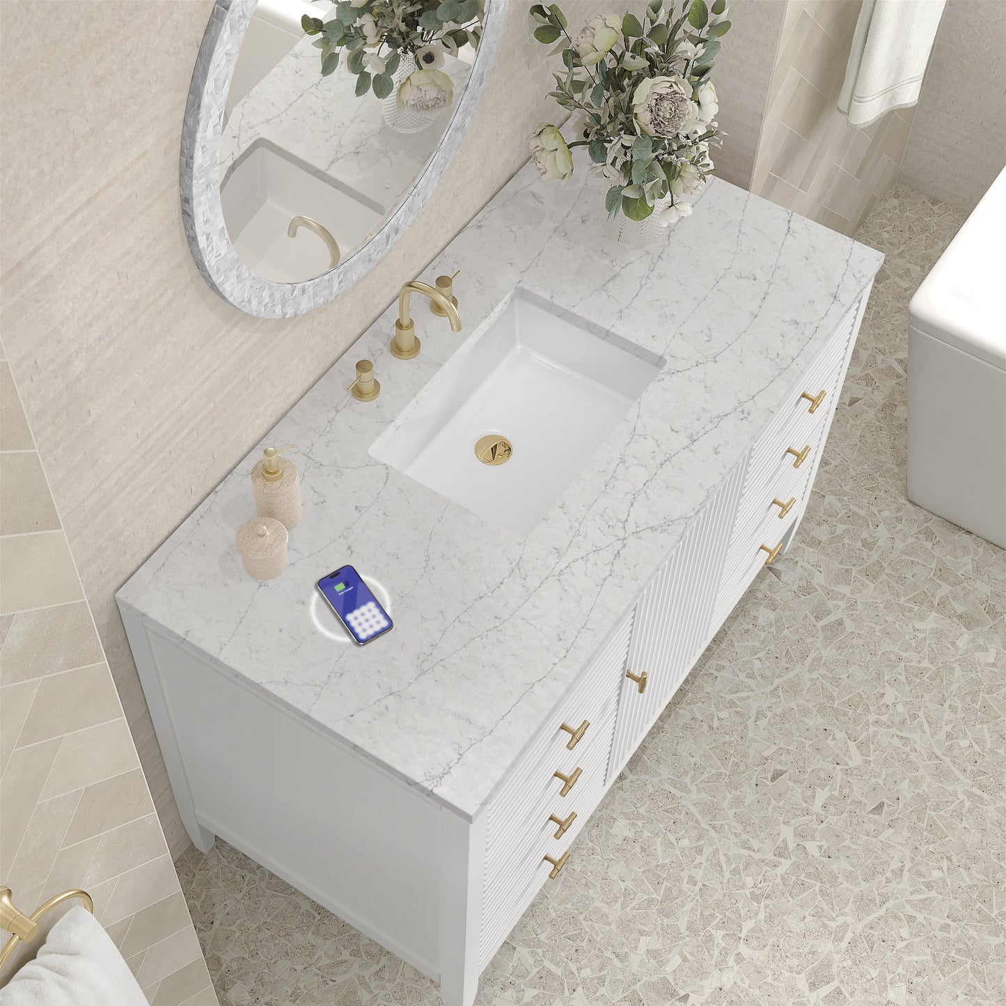 
                  
                    Myrrin 48" Single Vanity in Bright White Single Bathroom Vanity James Martin Vanities FreePower-Enabled Eternal Jasmine Pearl Silestone 
                  
                