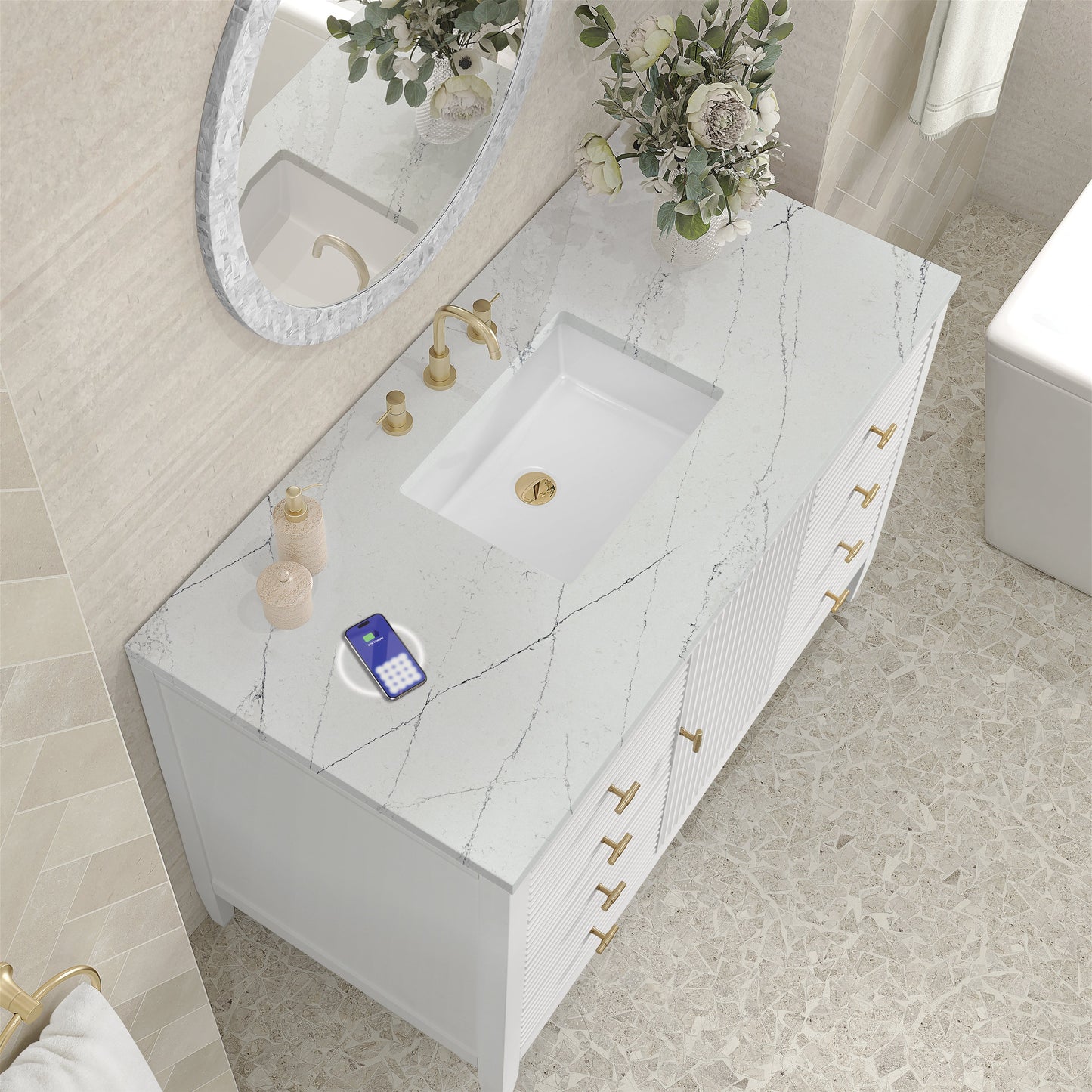 
                  
                    Myrrin 48" Single Vanity in Bright White Single Bathroom Vanity James Martin Vanities FreePower-Enabled Ethereal Noctis Silestone 
                  
                