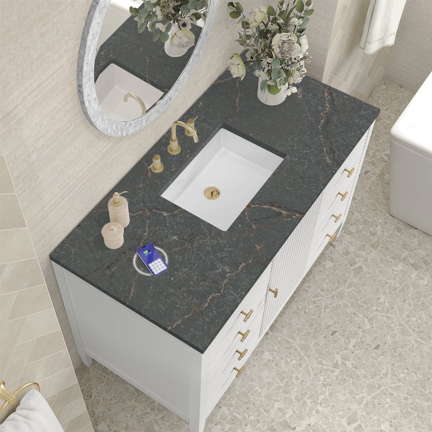 
                  
                    Myrrin 48" Single Vanity in Bright White Single Bathroom Vanity James Martin Vanities FreePower-Enabled Parisien Bleu Silestone 
                  
                