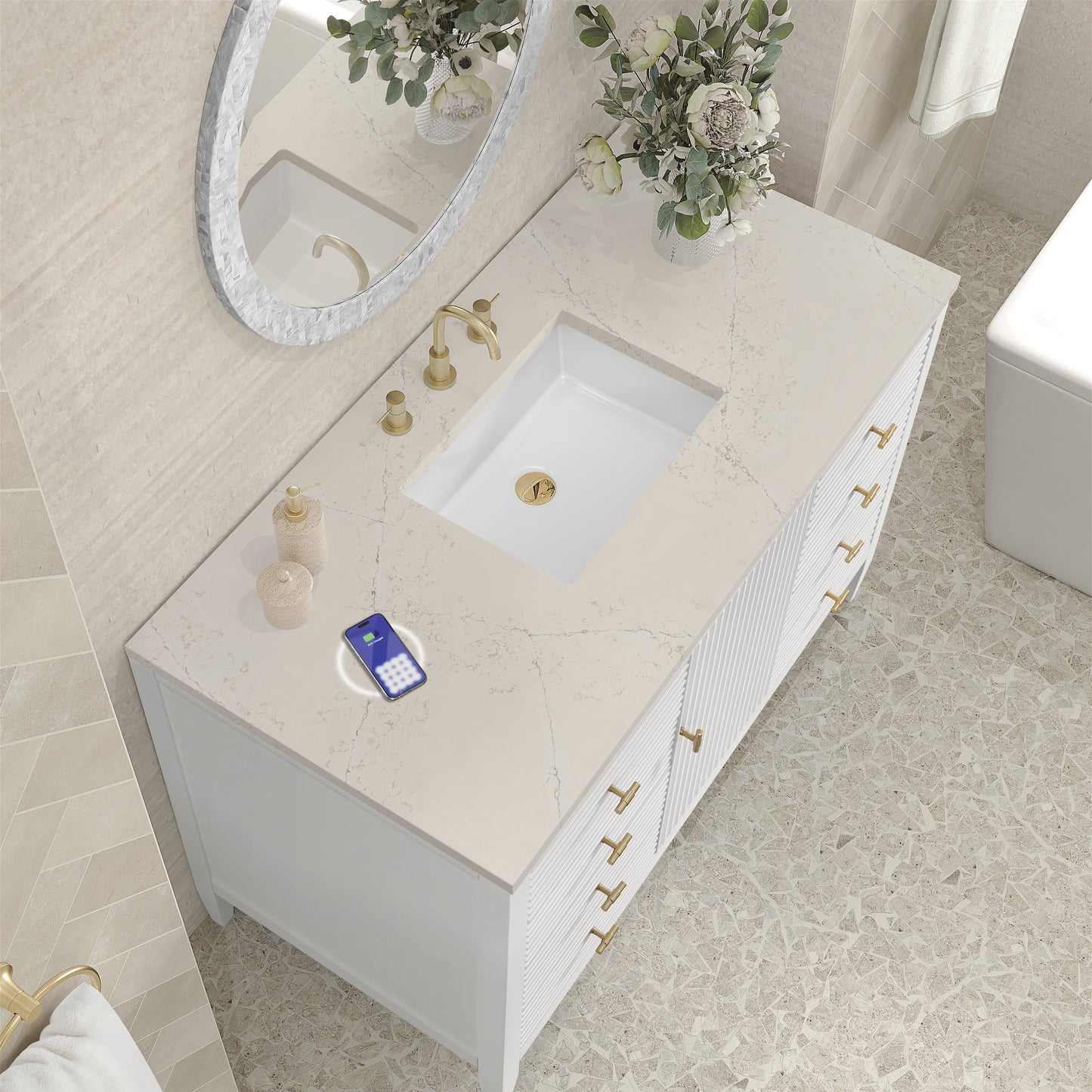 
                  
                    Myrrin 48" Single Vanity in Bright White Single Bathroom Vanity James Martin Vanities FreePower-Enabled Siberian Silestone 
                  
                