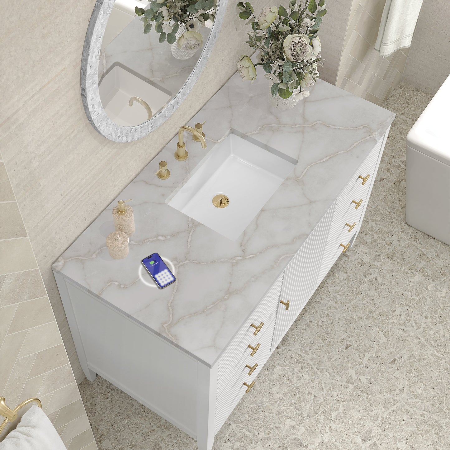 
                  
                    Myrrin 48" Single Vanity in Bright White Single Bathroom Vanity James Martin Vanities FreePower-Enabled Victorian Silver Silestone 
                  
                