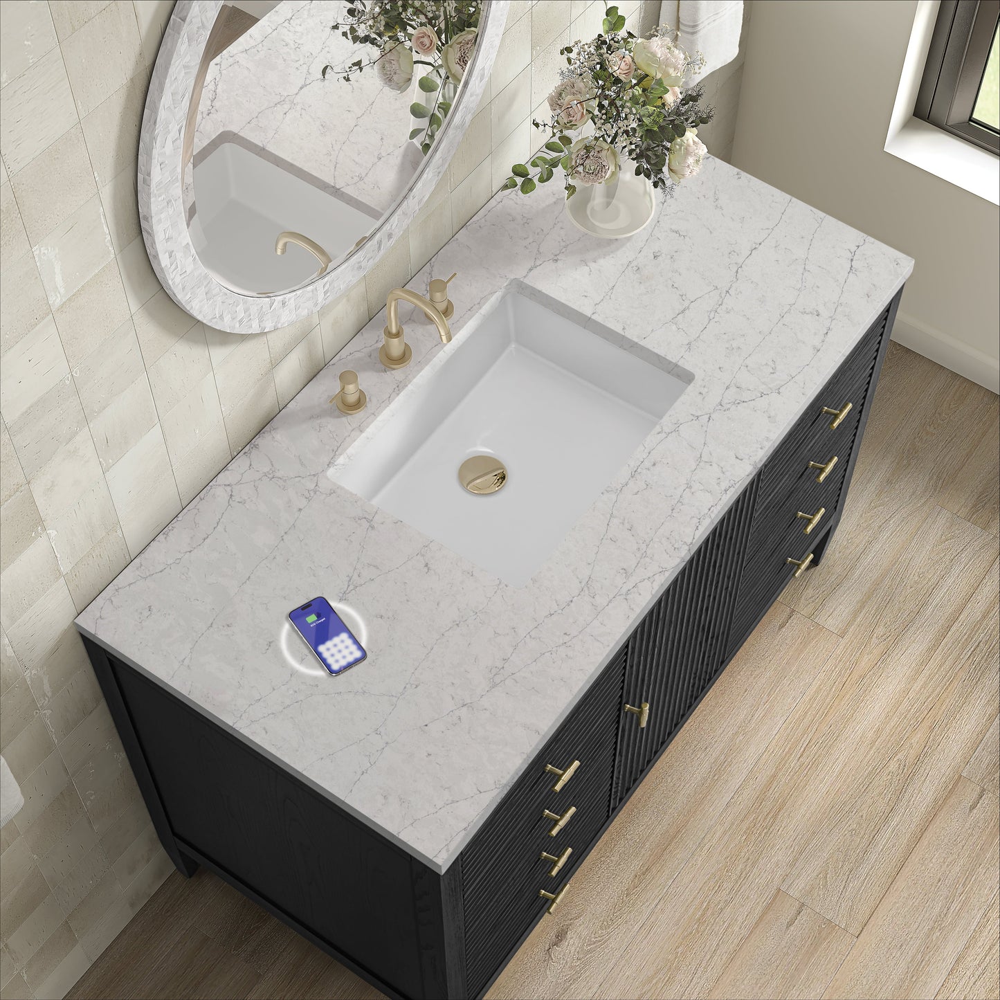 
                  
                    Myrrin 48" Single Vanity in Carbon Oak Single Bathroom Vanity James Martin Vanities FreePower-Enabled Eternal Jasmine Pearl Silestone 
                  
                