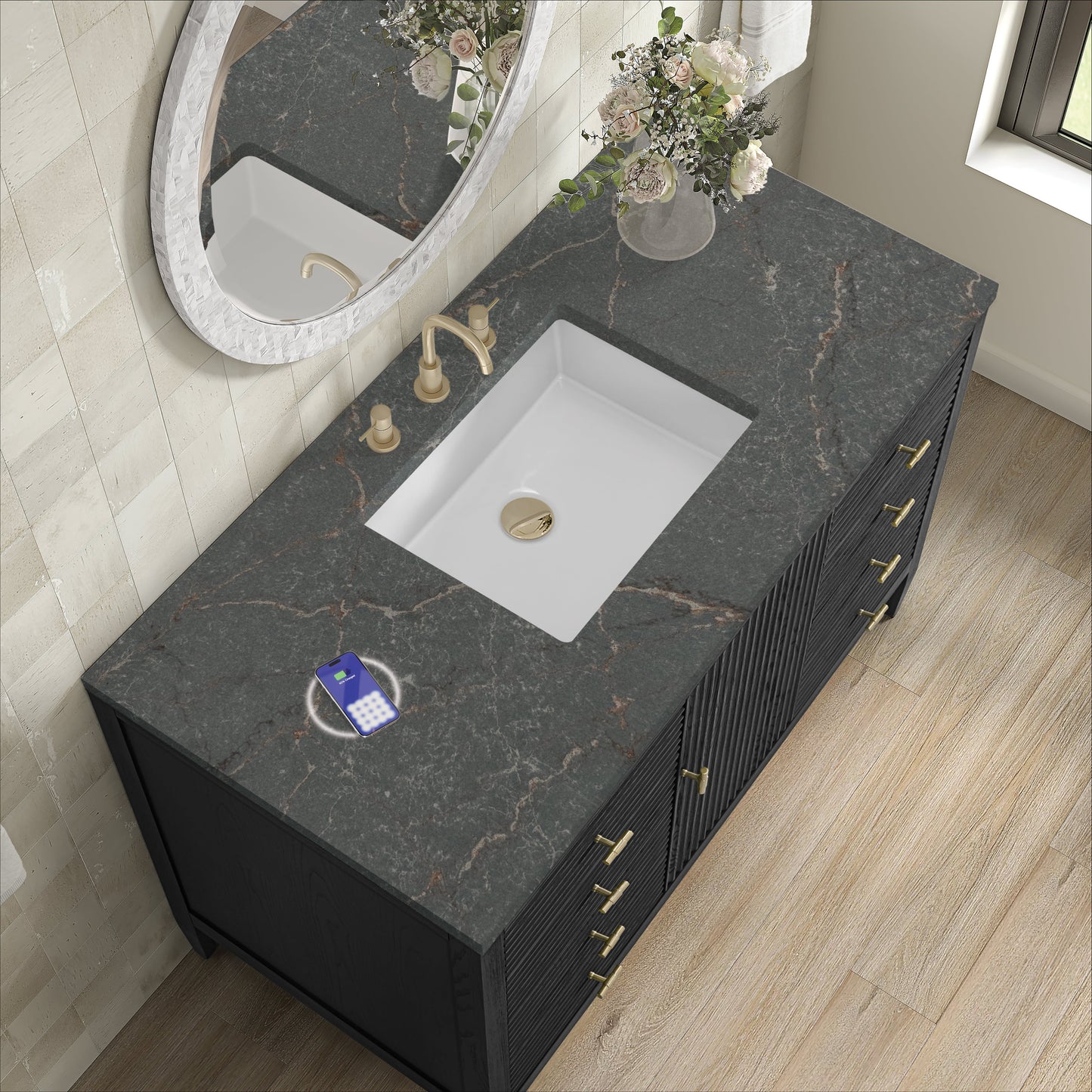 
                  
                    Myrrin 48" Single Vanity in Carbon Oak Single Bathroom Vanity James Martin Vanities FreePower-Enabled Parisien Bleu Silestone 
                  
                