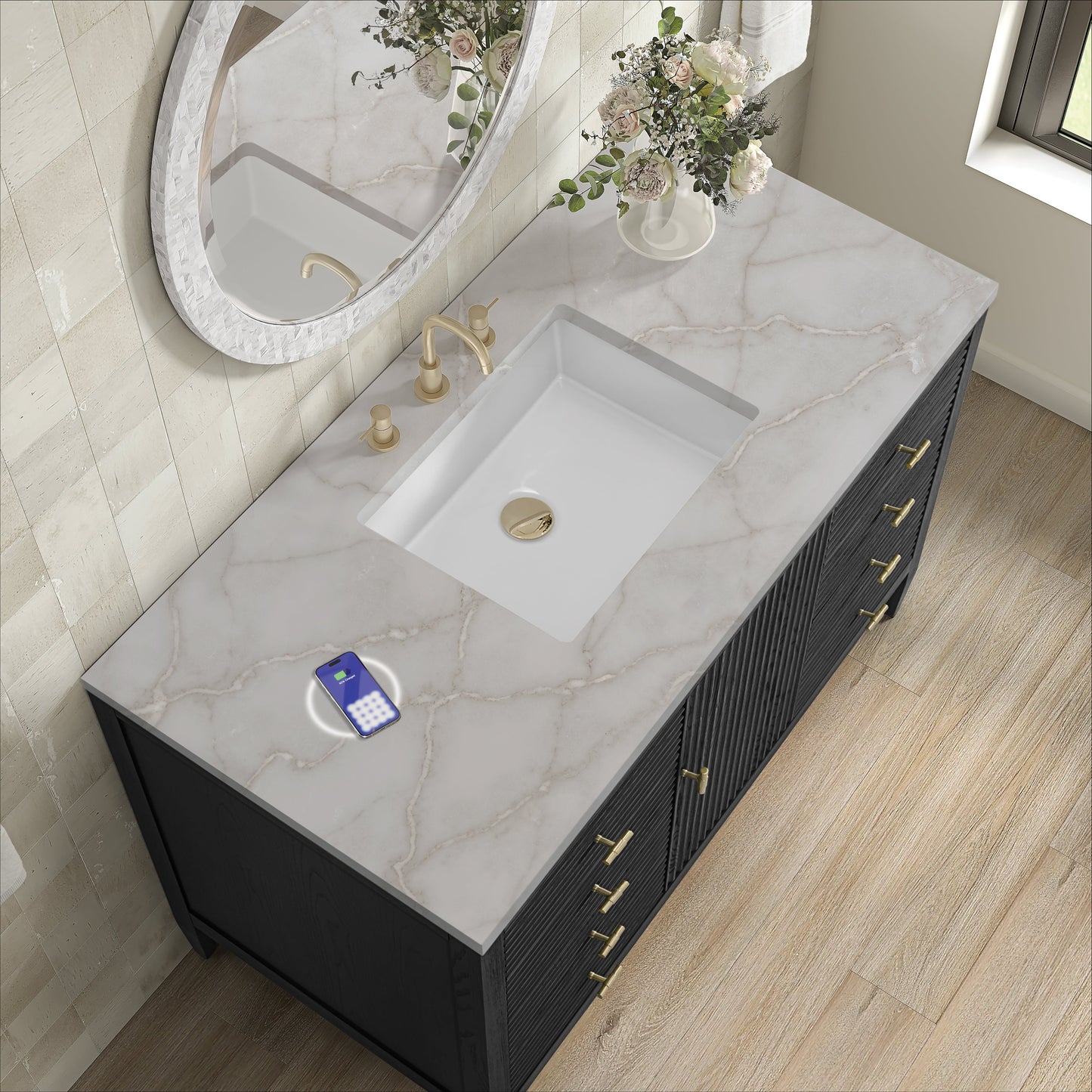 
                  
                    Myrrin 48" Single Vanity in Carbon Oak Single Bathroom Vanity James Martin Vanities FreePower-Enabled Victorian Silver Silestone 
                  
                
