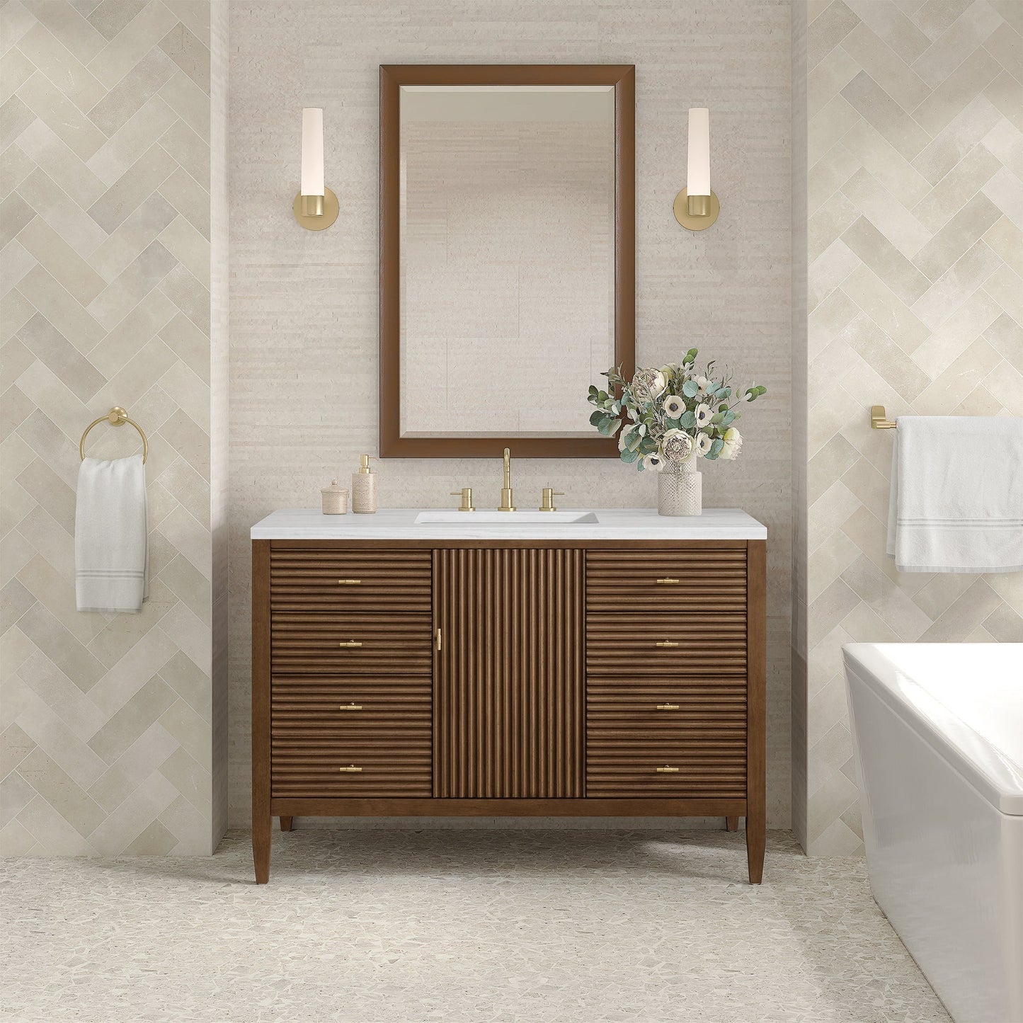 Myrrin 48" Single Vanity in Mid-Century Walnut Single Bathroom Vanity James Martin Vanities 